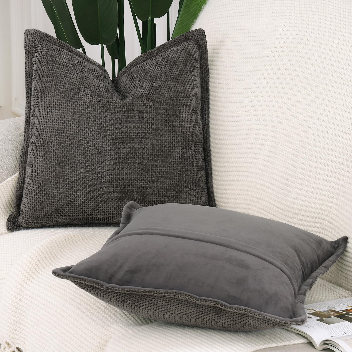 Madizz Set of 2 Chenille Velvet Cushion Covers with Flange Soft Boho Textured Throw Pillow Covers Broadside Pillowcases Modern Farmhouse Home Decor for Sofa Bedroom Dark Taupe 24x24 inch - Image 2