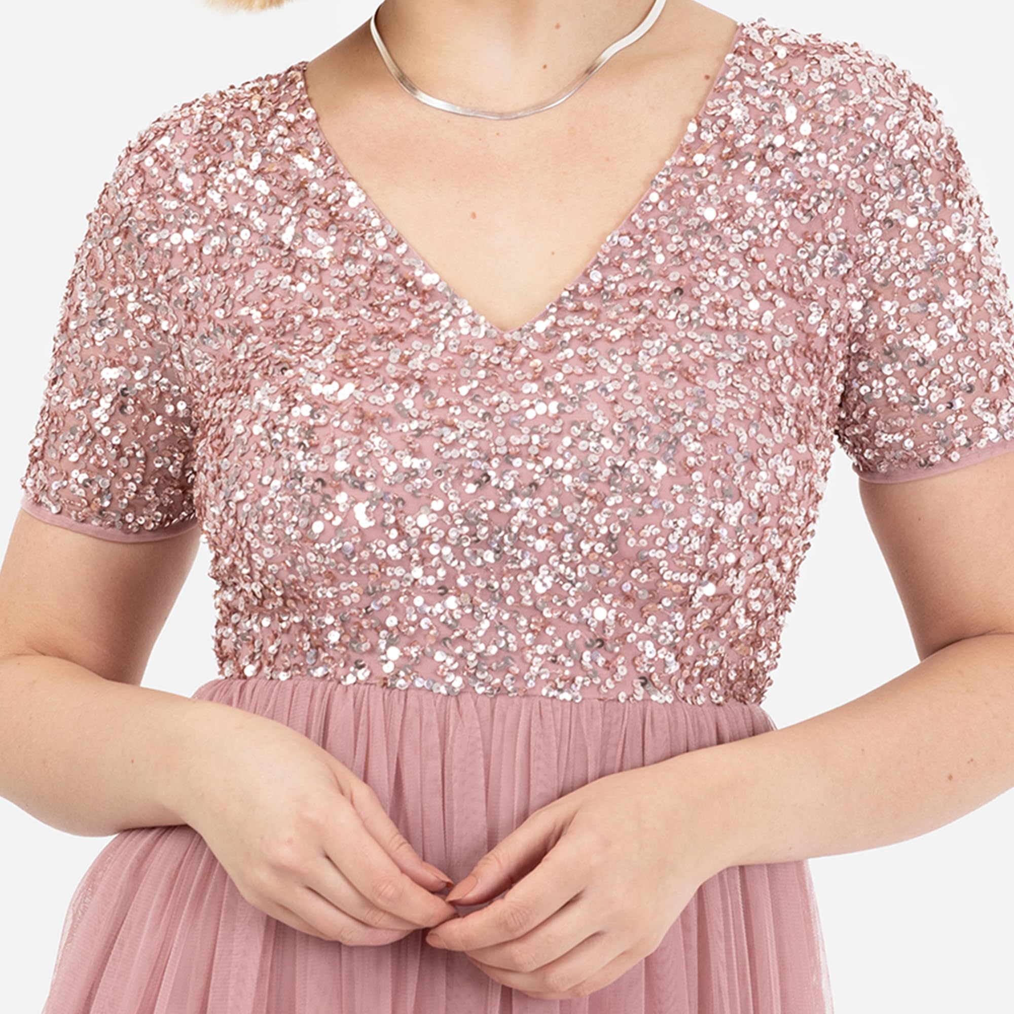 Maya Deluxe Robe de Soirée Midi Ornée avec Col en V et Manches Courtes pour Femme Demoiselle d'honneur