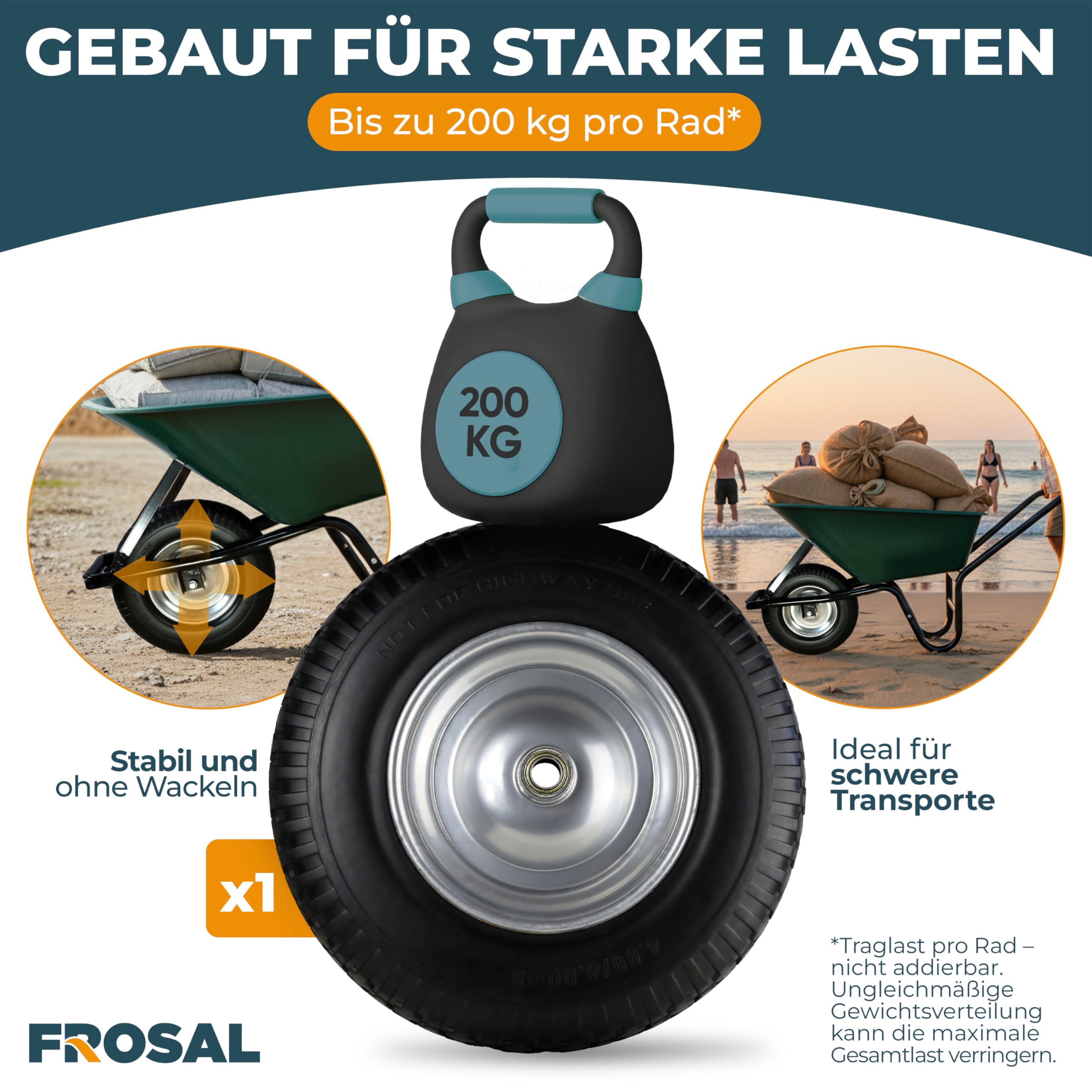 FROSAL PU Schubkarrenrad 400 mm pannensicher – Ersatzrad 4.80/4.00-8 mit 20 mm Achse – Ø ca. 380–400 mm, Breite ca. 100 mm, Stahlfelge silber mit Kugellager
