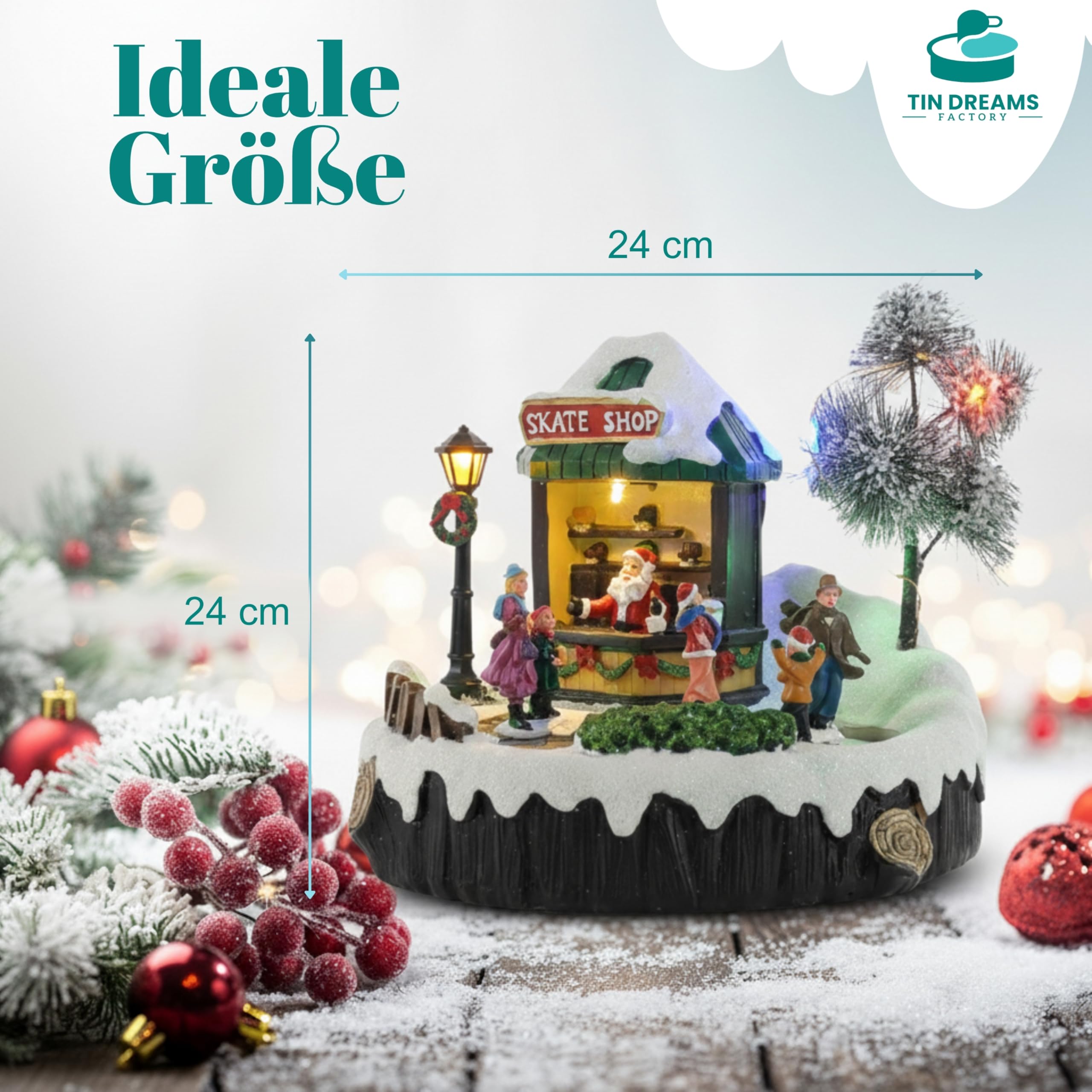 TIN DREAMS | Eislaufbahn Weihnachten mit Musik, Bewegung und Lichtern | Animierte Weihnachtsszene mit Eisläufern | Beleuchtetes Häuschen für Weihnachtsdorf, Miniatur oder Weihnachtsstadt mit Beleuchtu