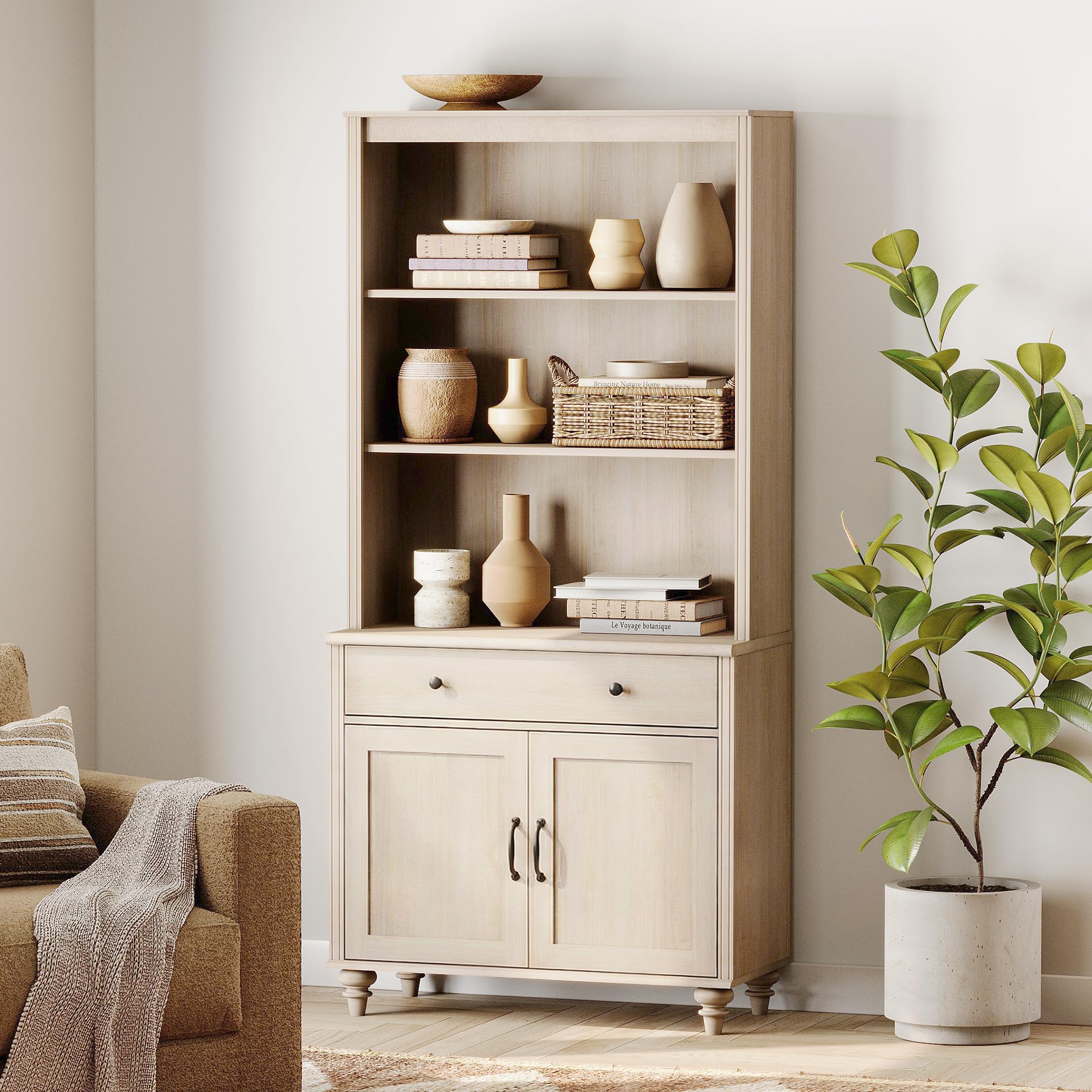 wampat 5 tier bookshelf 72" tall bookcase with doors & drawer,large farmhouse display book shelf with storage cabinet?library wood bookshelves for living room,kitchen, light oak(top half only)
