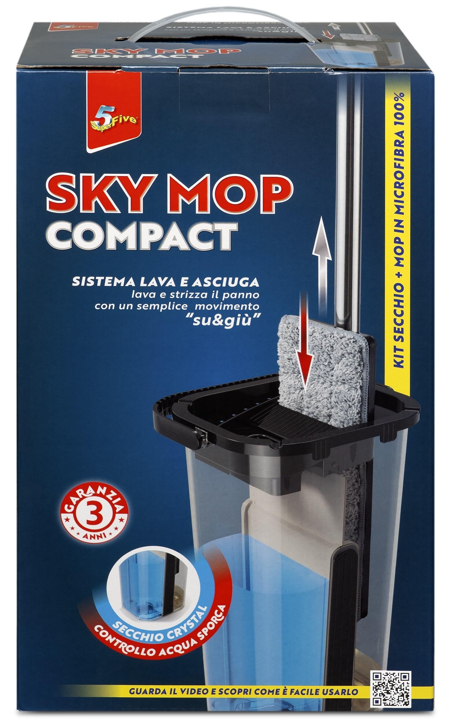 Lavapavimenti con Secchio e Mop in Microfibra 100%, Sky Mop Compact Lava e Asciuga, con Bastone in Acciaio Inox, Secchio Compatto con Strizzatore, Lavapavimenti