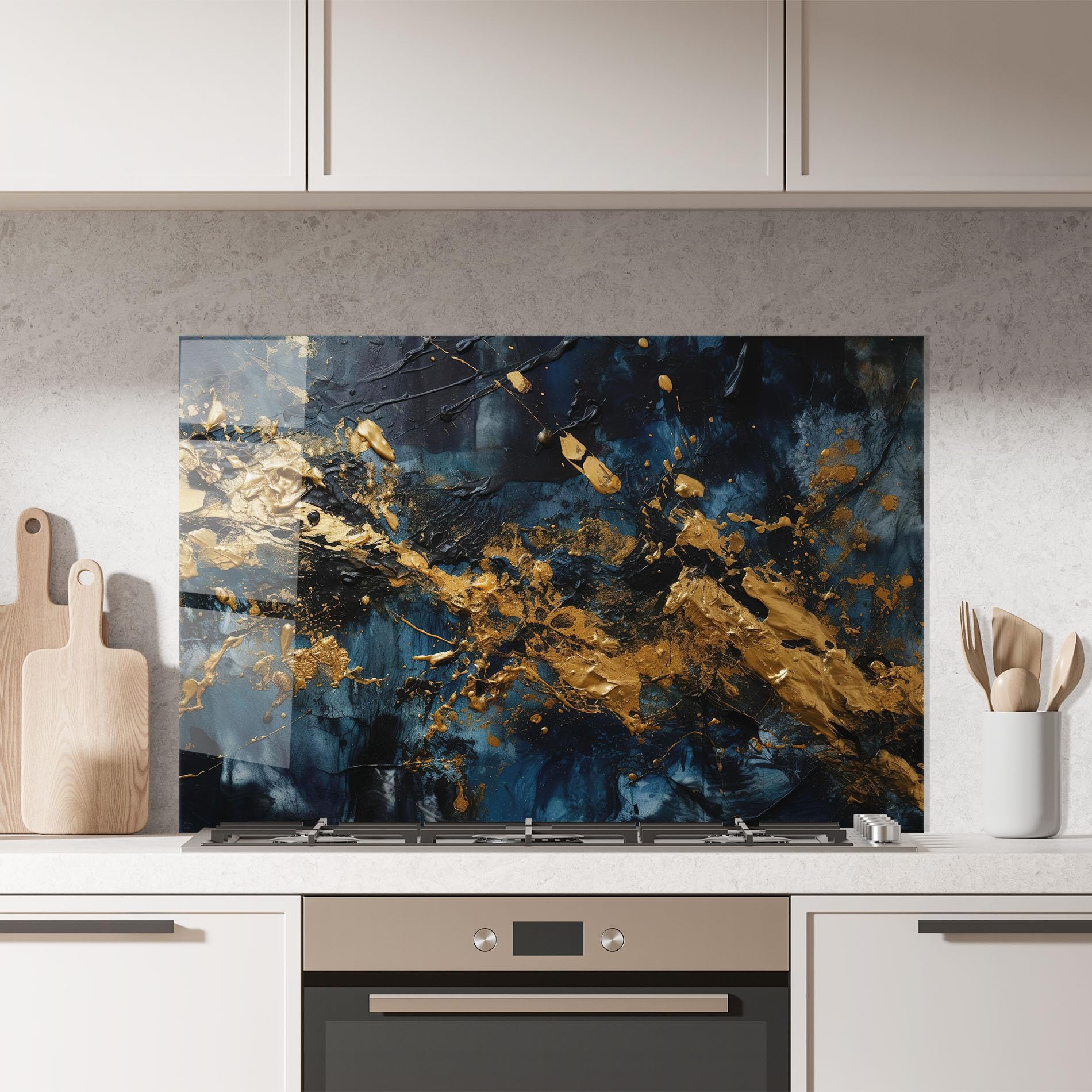 ARTHUB® Crédence de Cuisine en Verre 50x70 cm, Gold Explosion | Protection Contre Les éclaboussures, Revêtement Mural en Carreaux, Plaque en Verre, Verre trempé, Abstrait, Art Abstrait