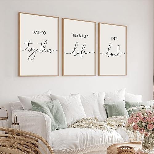 Miniatura 6 de Houmury Juego de 3 marcos con texto en inglés "And So Together They Built A Life They Loved Above Bed Above Bed", arte de pared para casa de campo,