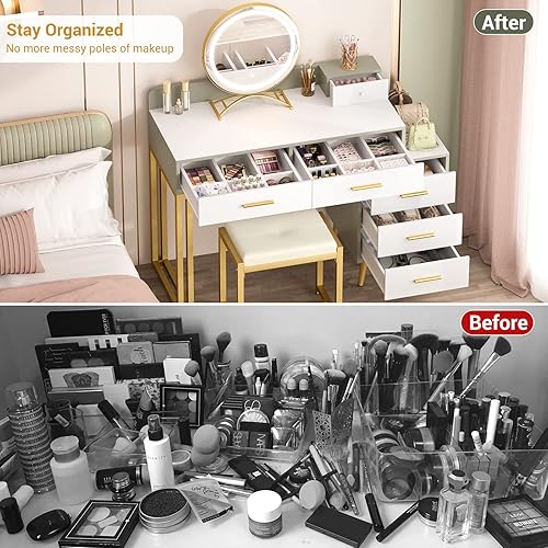 Miniatura 2 de Armocity - Mesa de tocador con espejo y luces, juego de mesa de maquillaje con 6 cajones de almacenamiento, taburete y organizadores divididos,