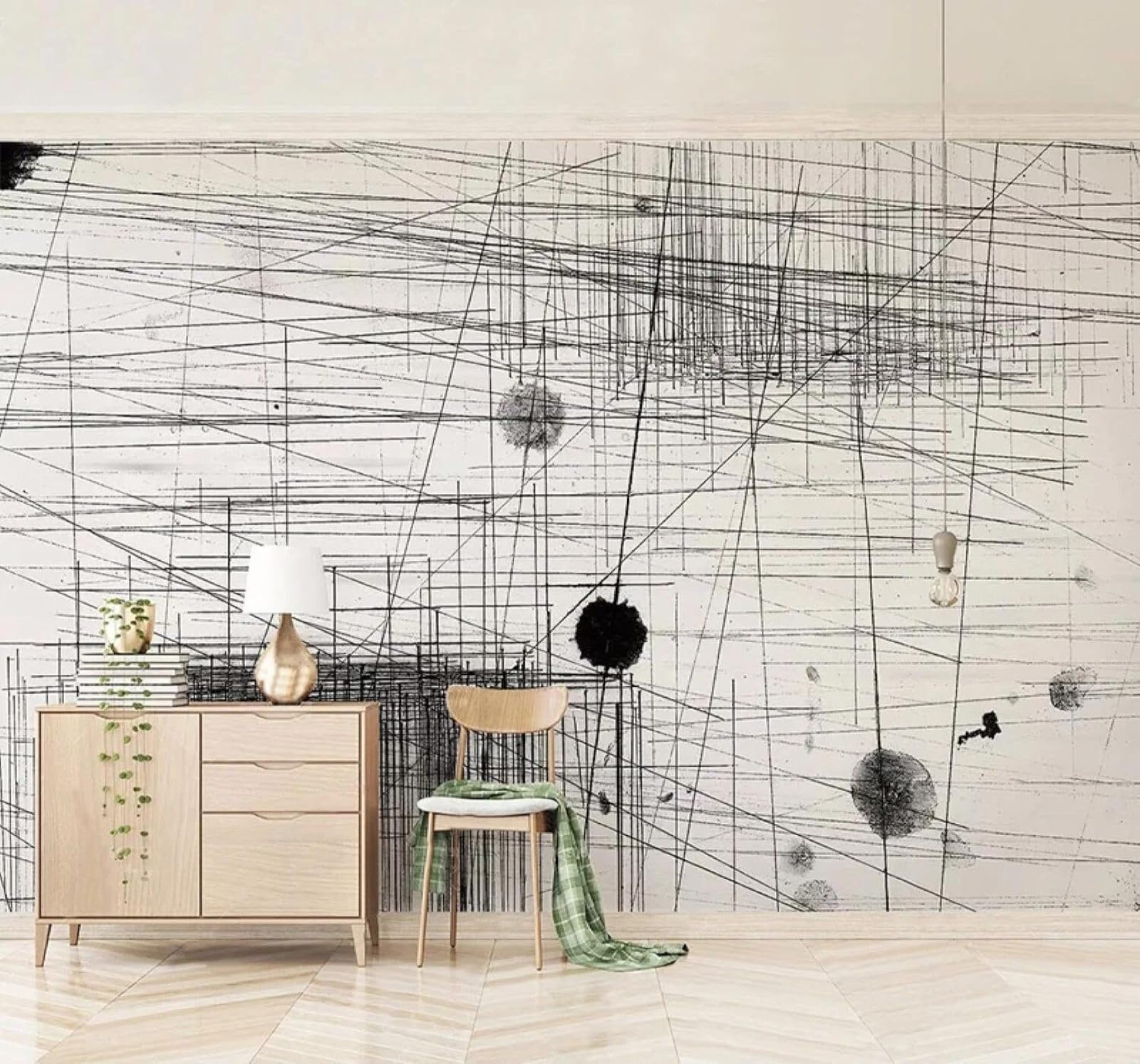 XLMING Abstract Hand Drawn Black and White Stripes Art 3D Wallpaper Silky Texture Home Study Office Grey Dining Room Sofa Bedroom Living Room TV Backdrop-350cm×256cm