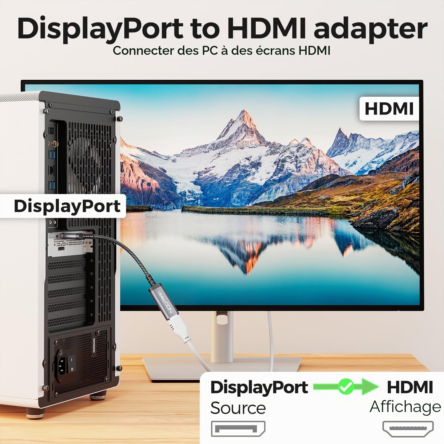 deleyCON Adaptateur DisplayPort vers HDMI 4K (Pour Moniteur/TV/Projecteur HDMI) - Unidirectionnel - (1080p@240Hz / 1440p@165/144/120Hz / 4K@60Hz) - pour Ordinateur DisplayPort, Carte Graphique