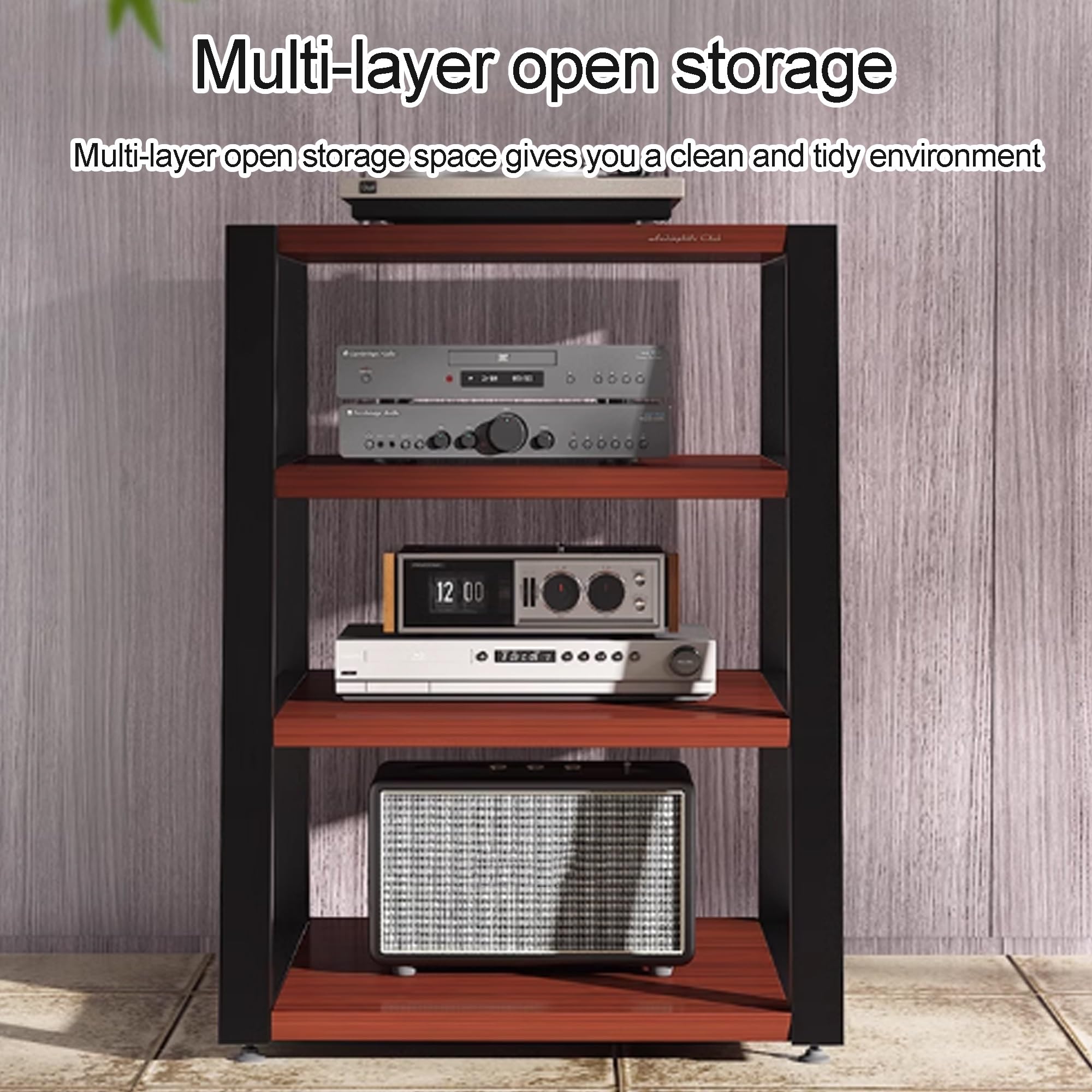 Stojak audio AV, 4-poziomowy stojak stereo do przechowywania multimediów i urządzeń rozrywkowych, odtwarzacz płyt DVD CD, uchwyt do domu, biura, kina, czarny, 60 x 52 x 60 cm