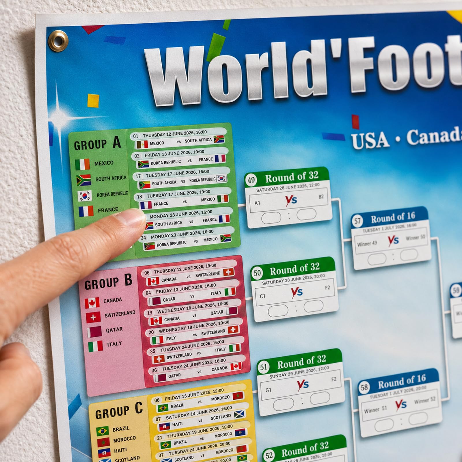 Affiche du Calendrier de la Coupe du Monde de Football 2026, 150 x 100cm, 48 Pays