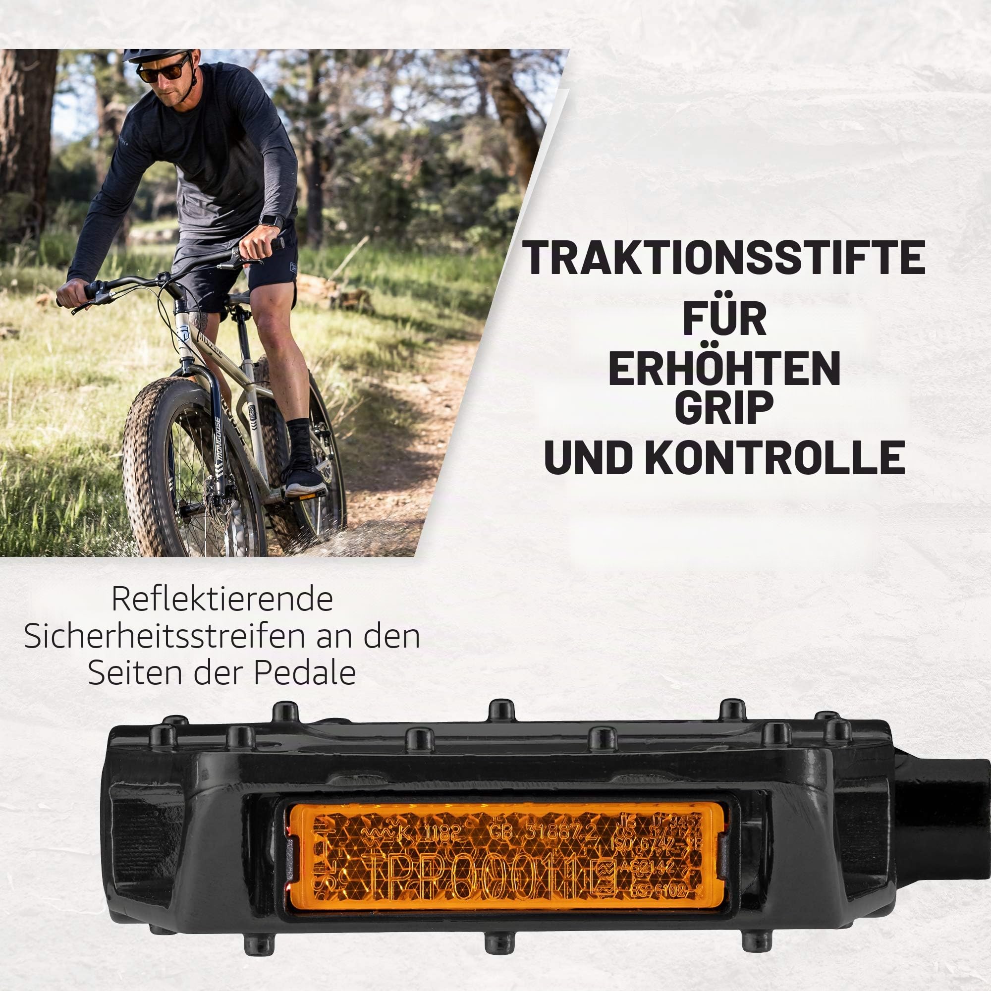 Mongoose Mountainbike-Pedale für Erwachsene, 1,27 cm und 9/16 Zoll Adapter, langlebige Legierung, Fahrrad-Plattformpedal, Refective Strips, MTB-Fahrradzubehör