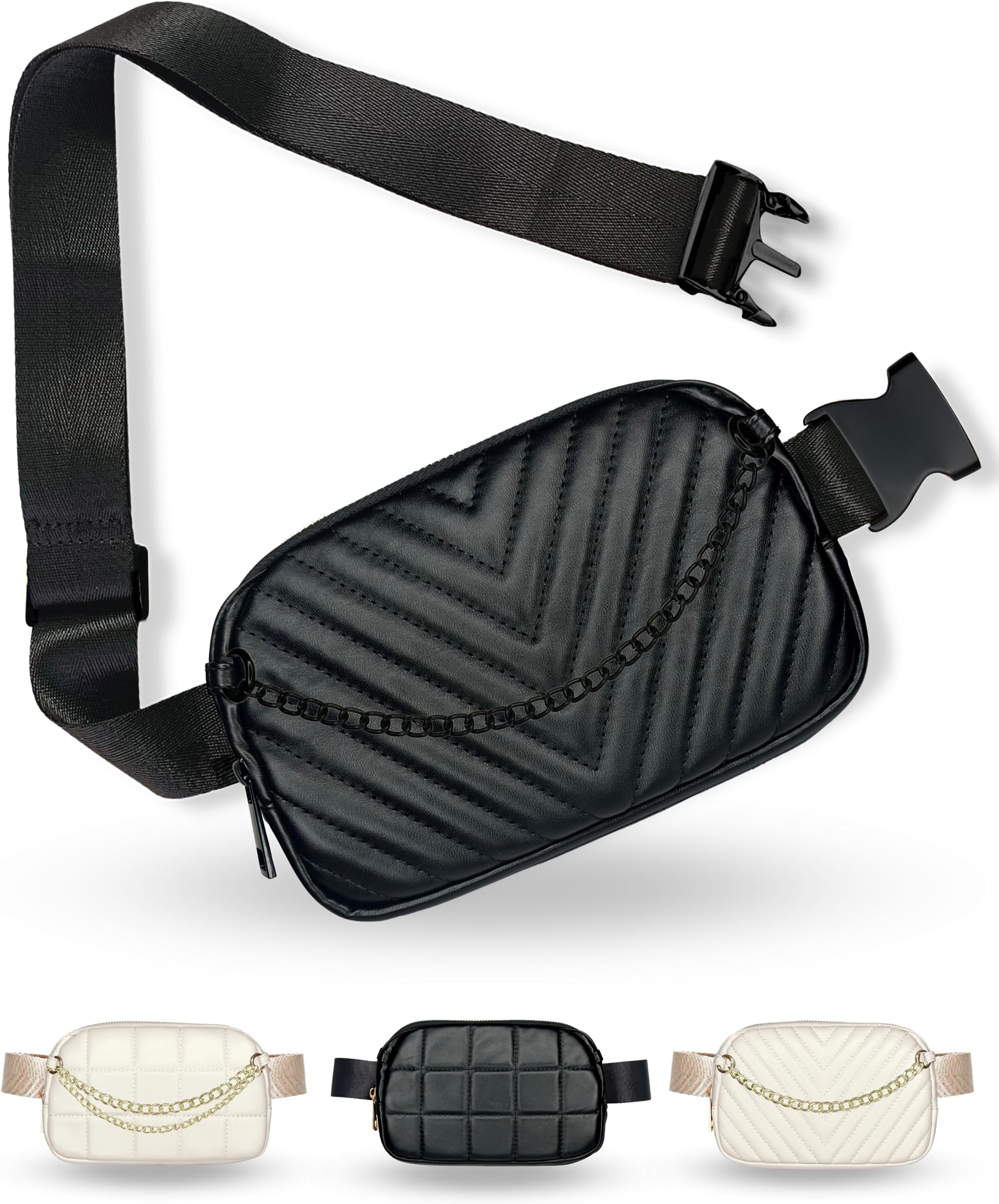 Citrusy BoutiqueBoutique Luxury Belt Bag | Gold Silver Black Chains | Crossbody Bag Leather Fanny Pack for Women Fashionable | Adjustable Extended Strap | Cute Mini Everywhere Bum Hip Waist Pack | Small Travel