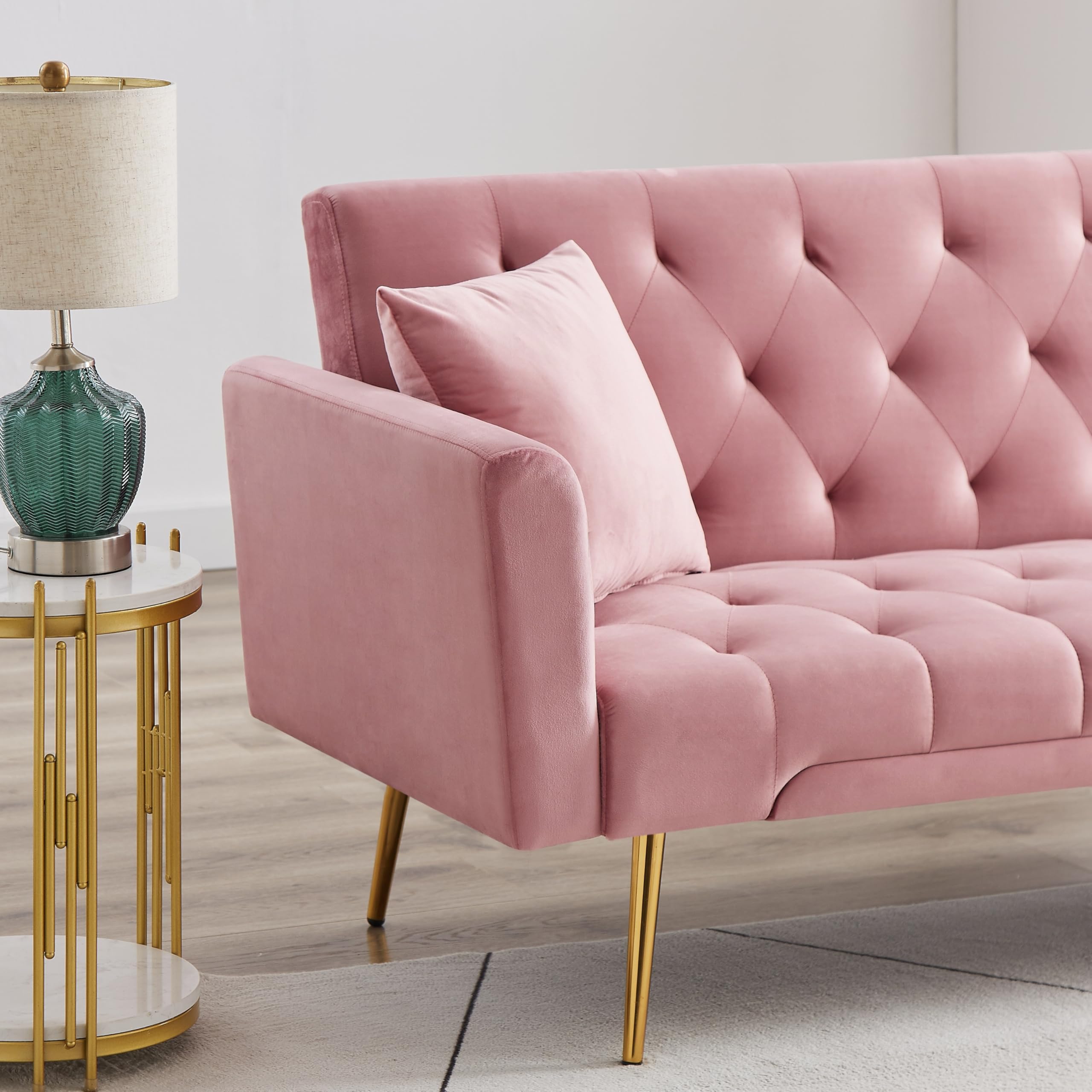 71.65'' Convertible Sofa Bed Modern Futon Set, Velvet Foldable Reclining Loveseat, Three Adjustment Angles,Mid Century Modern Couches for Living Room/Bedroom/Apartment, Easy Assembly,Pink