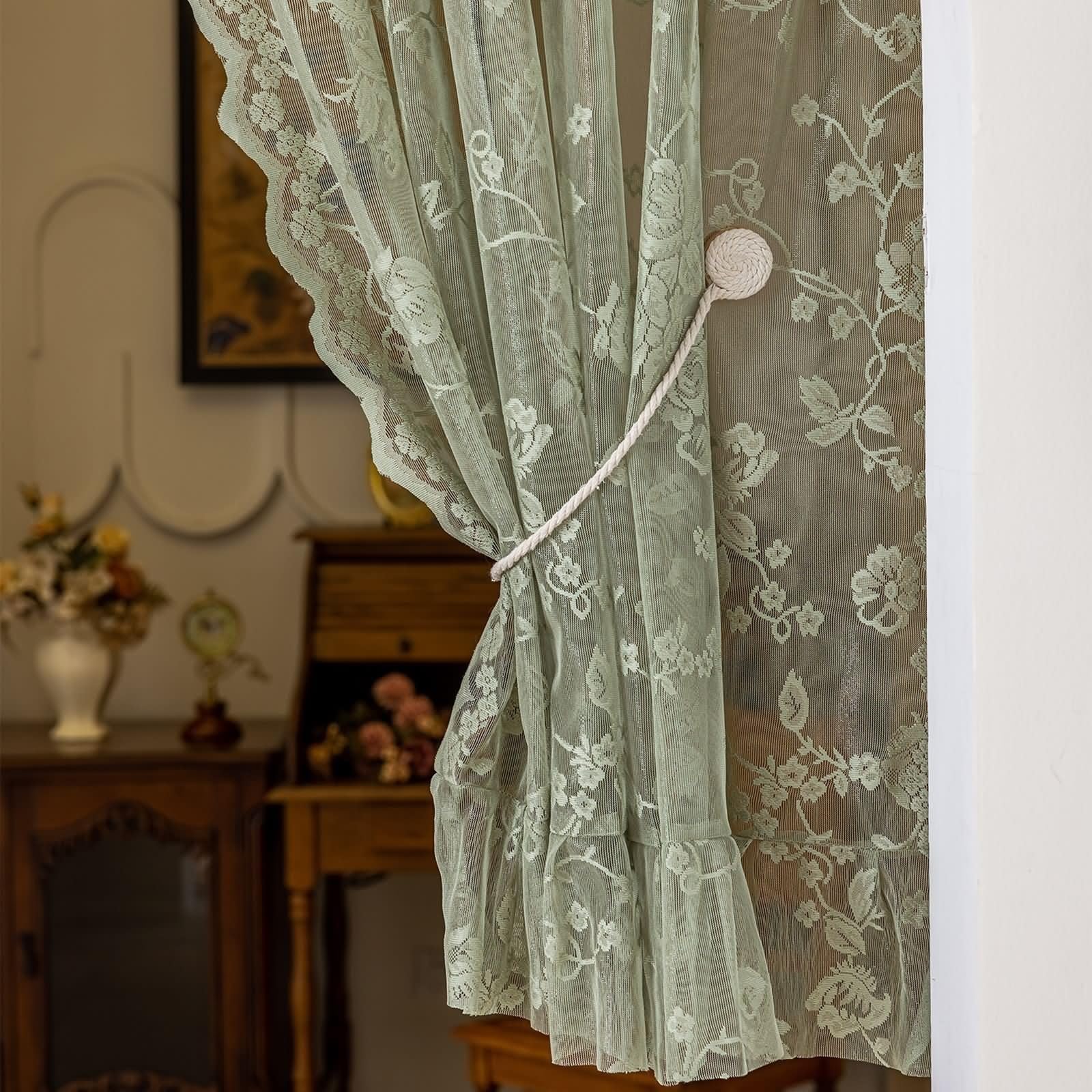 Visillo (2 unidades, jacquard, encaje, bordado, 140 x 200 cm), color verde
