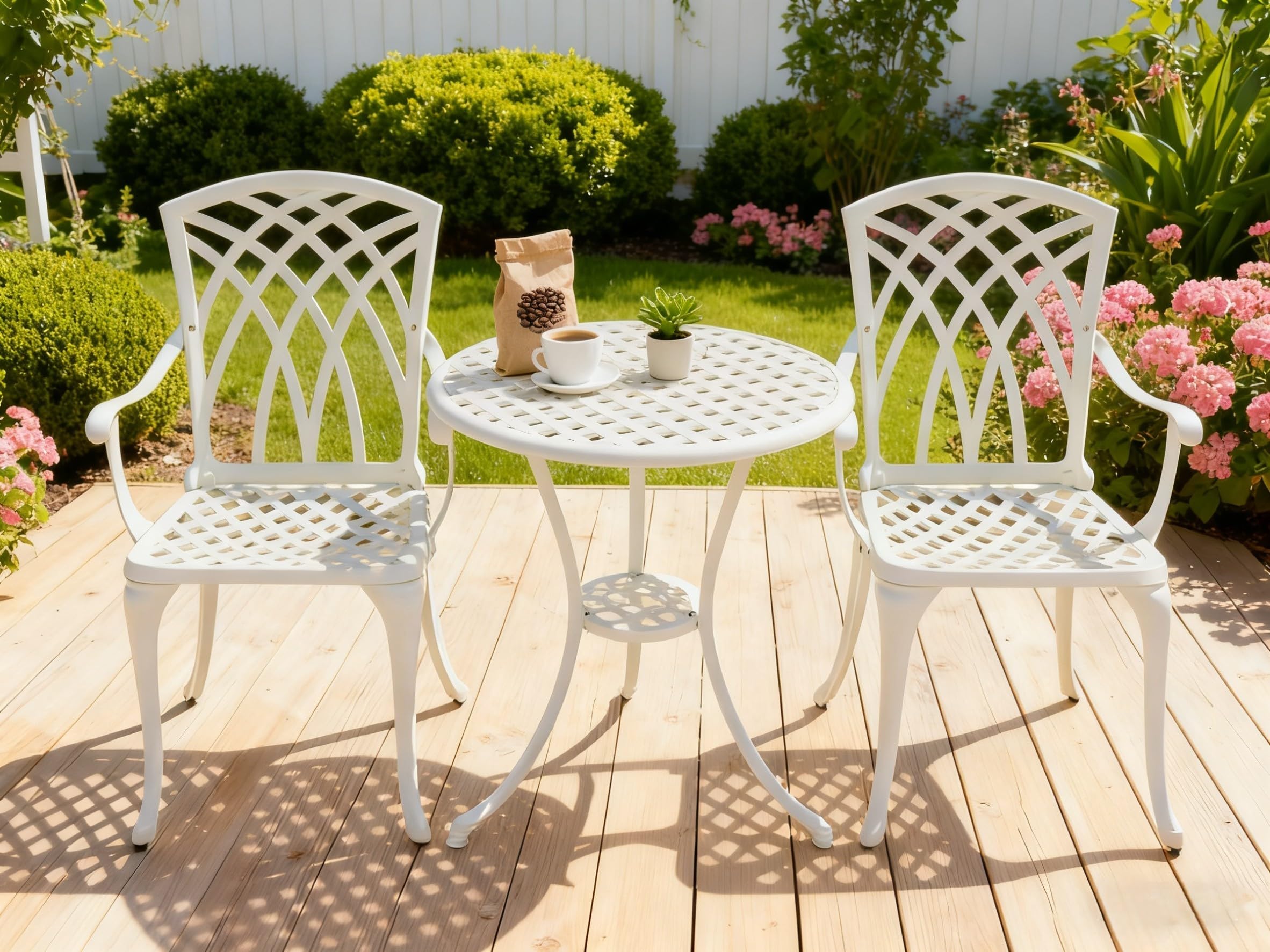 Withniture 3 Piece Patio Bistro Set, Outdoor Cast Aluminum Bistro Table and Chairs Set of 2 with Umbrella Hole, All Weather Resistance Metal Bistro Table for Front Porch Set,White : Patio