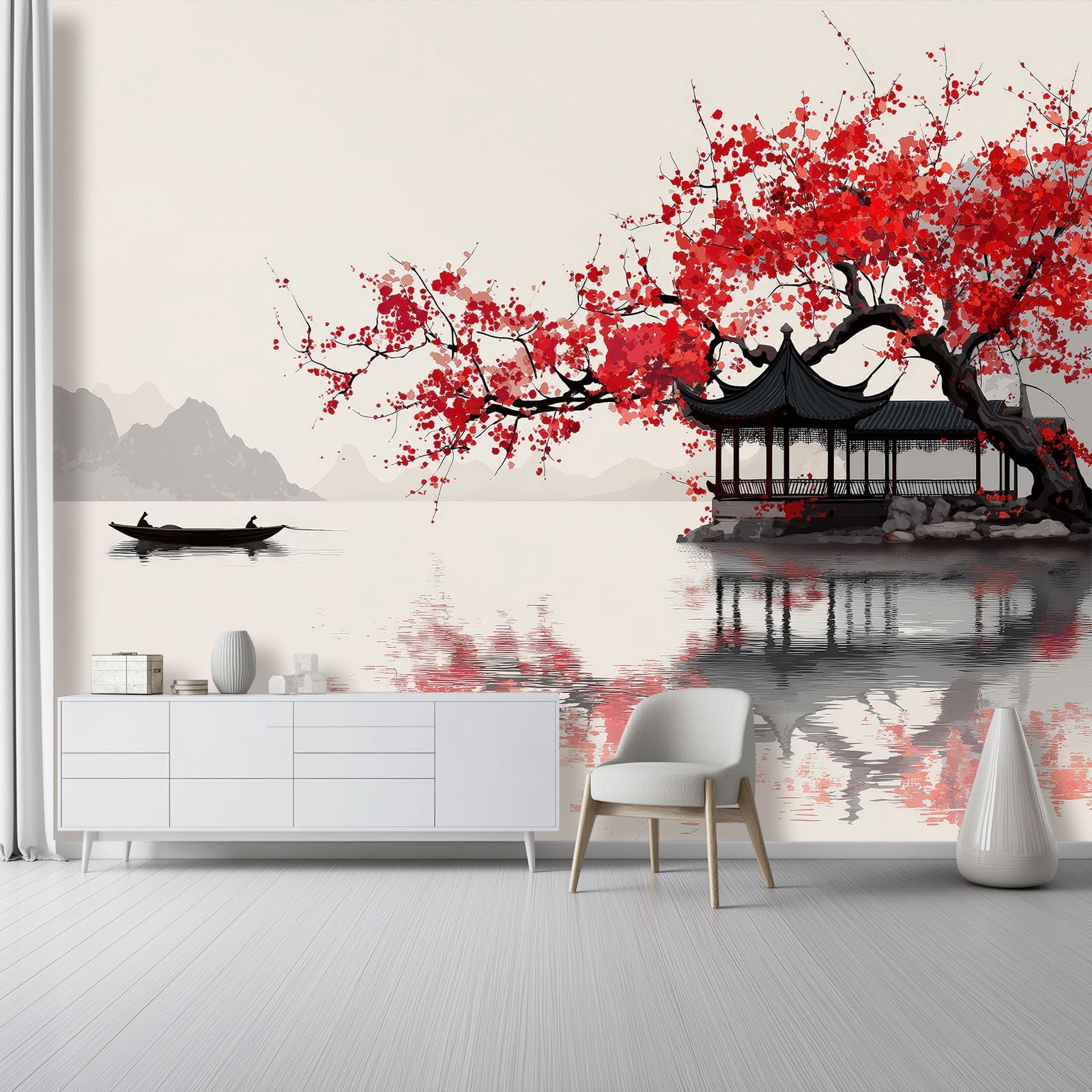 Vlies Fototapete Landschaft 350 x 256 cm, Creme Fototapeten für Wohnzimmer Schlafzimmer - Vliestapete Wandtapete Tapete 3D Effekt - Chinesischer Stil Blumen Seen Pavillons