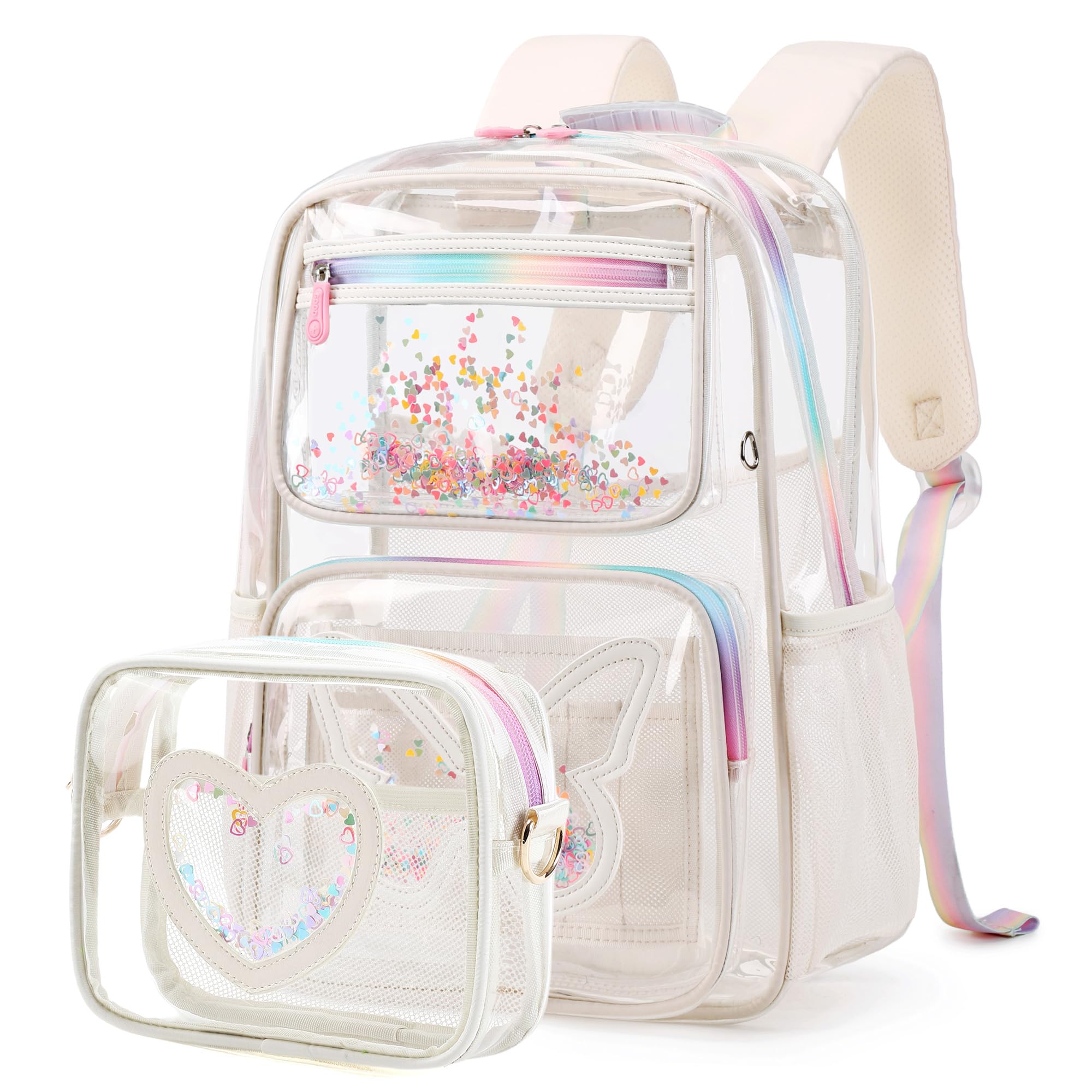 Clear Backpack for Girls,Transparent Backpacks Crossbody Bag for Kids Elementary School Student,Heavy Duty See Through Daypack 2PCS Bookbag Stadium Approved for Teen,College,Work,Travel,Concert Beige