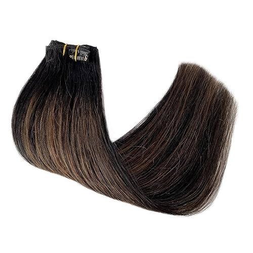 Miniatura 4 de Extensiones de cabello humano con clip, sin costuras, color negro natural degradado a castaño, extensiones de cabello humano con clip, trama de piel
