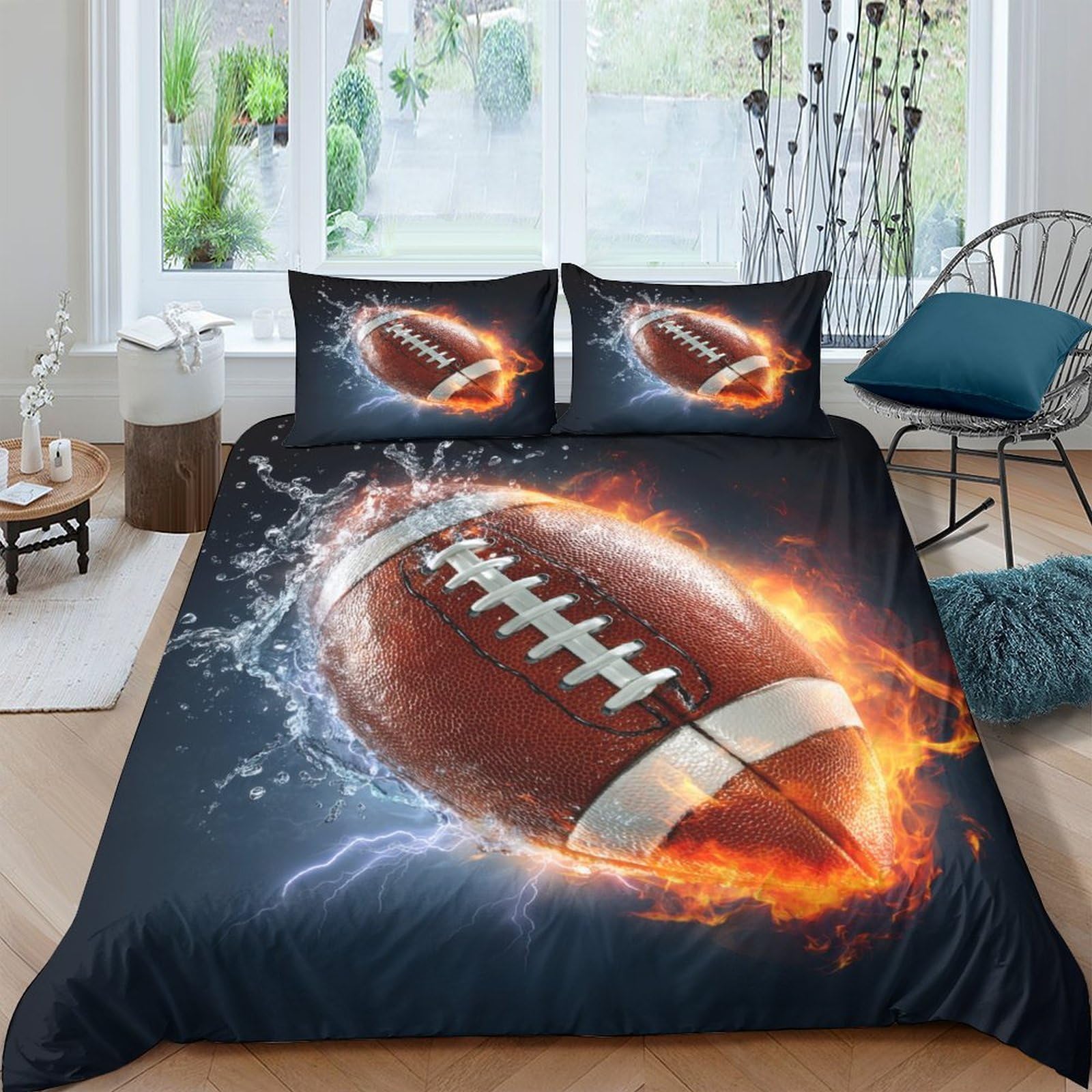 Ctjqhvkz Style-9 3D Printed Fire Football Fitted Sheet Microfiber Anti-Slip Bed Cover Splash Sports Decor For Bedroom Dorm Guest Room Single（135X200cm）