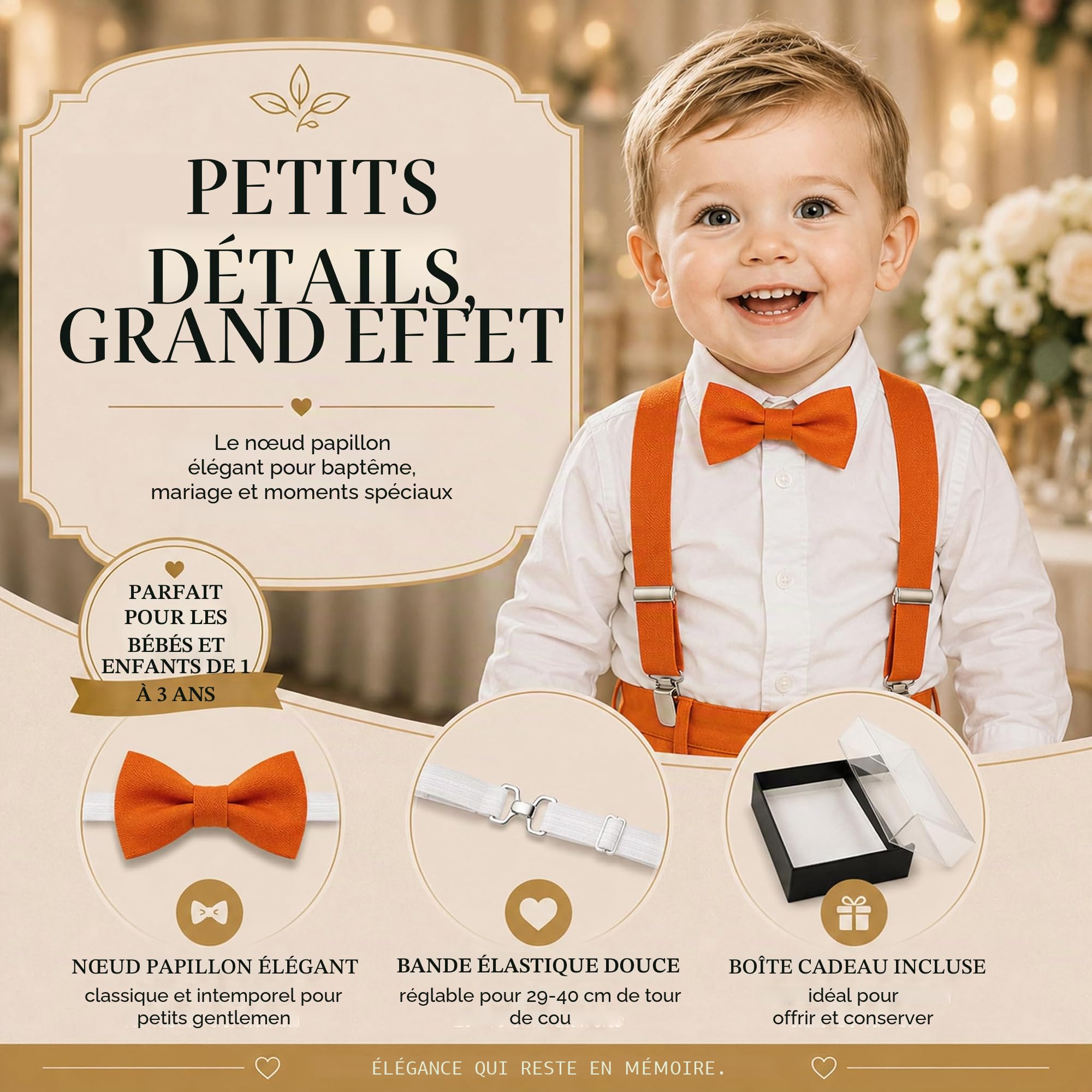 TigerTie Nœud papillon uni pour bébé avec élastique de 29 à 40 cm de tour de cou réglable + boîte de rangement