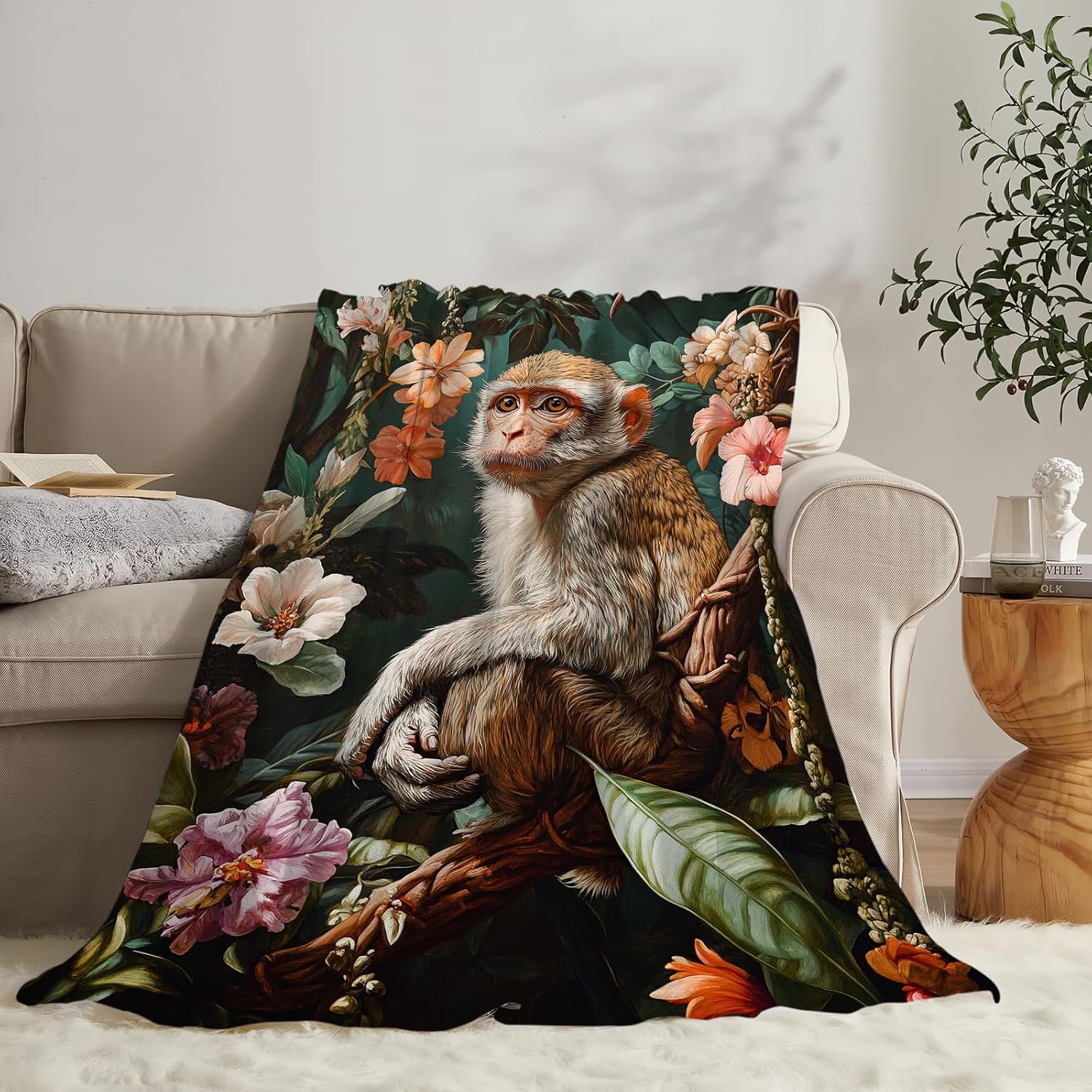 Monkey Blanket Vintage Elegant Monkey Flower Throw Blanket Soft Warm Cozy Fuzzy Plush Gifts for Girls Women Lightweight Fleece Flannel Stuff Decor Blankets for Kids Adults 50"X40" - Image 4