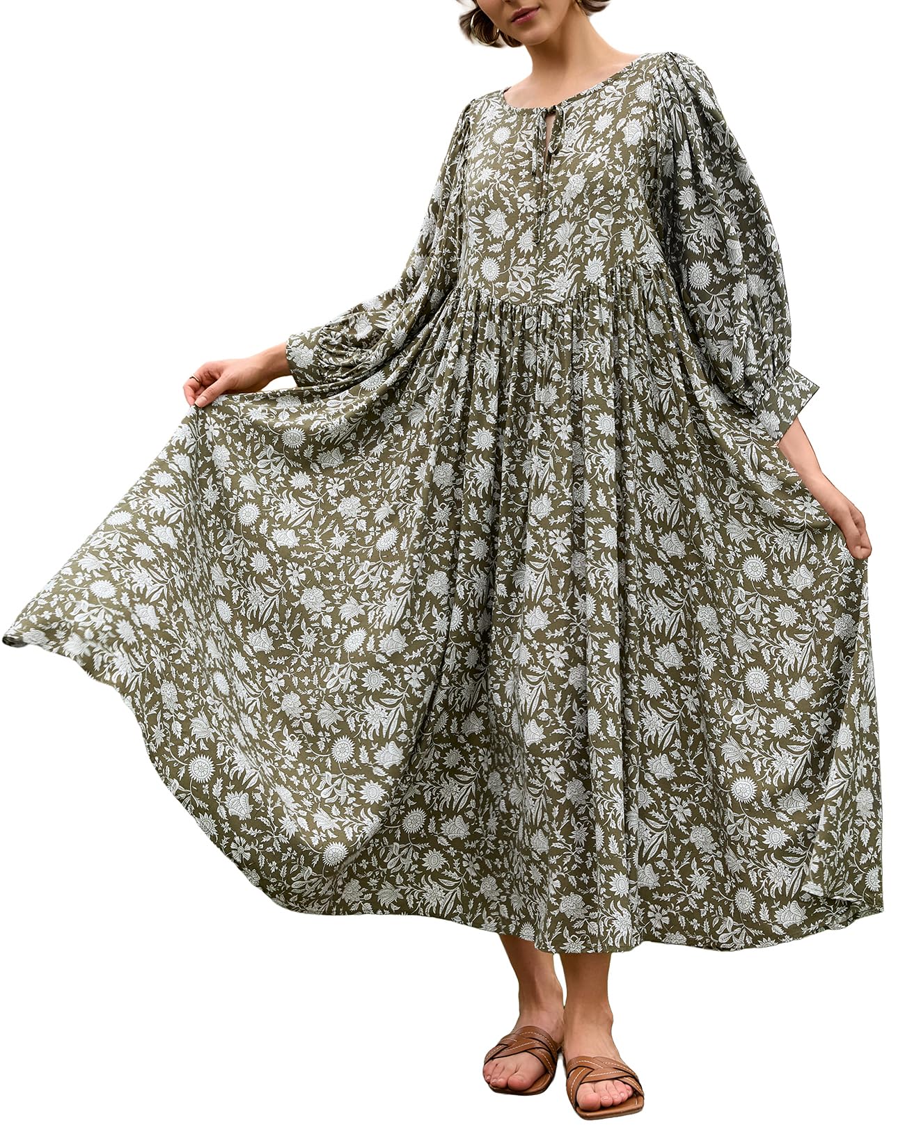 Casual Summer Dresses for Women Deep V Puff Sleeve Boho Midi Floral Dress
