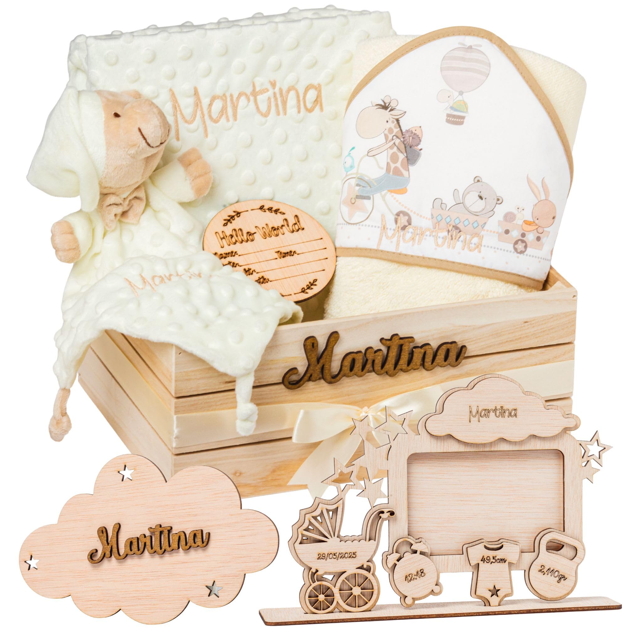 Regalo para Bebé Recién Nacido Niño o Niña | Cesta con Manta, DouDou, Capa de Baño, Nube Decorativa y Marco|Canastilla Embarazo,Bautizo,Hospital y Baby Shower | Nombre en Madera | Olesea (Beige) — view 8