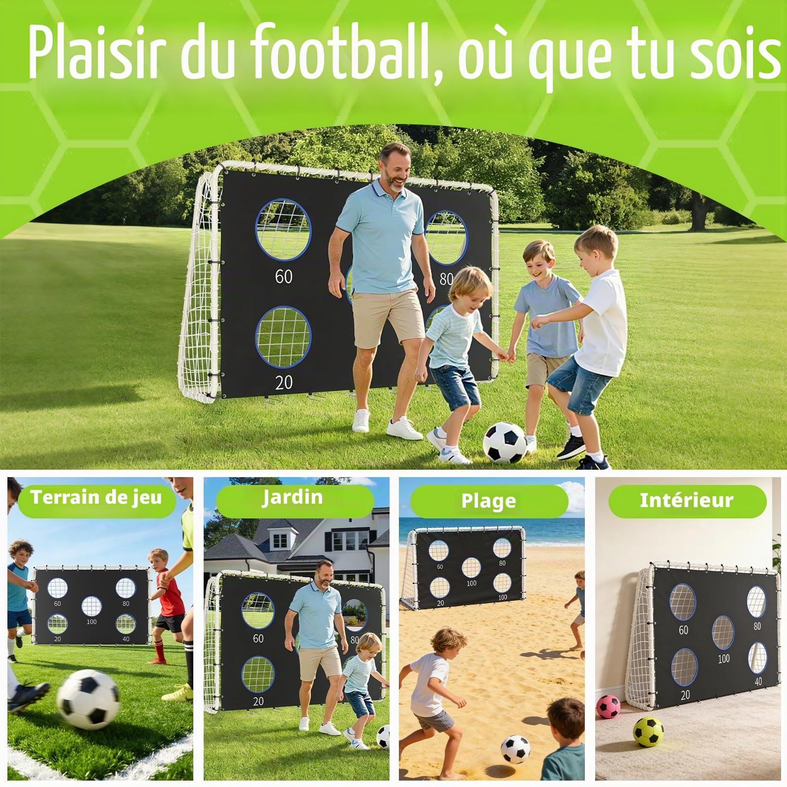 But de football 240 cm x 170 cm avec mur de tir, filet et piquets pour enfant