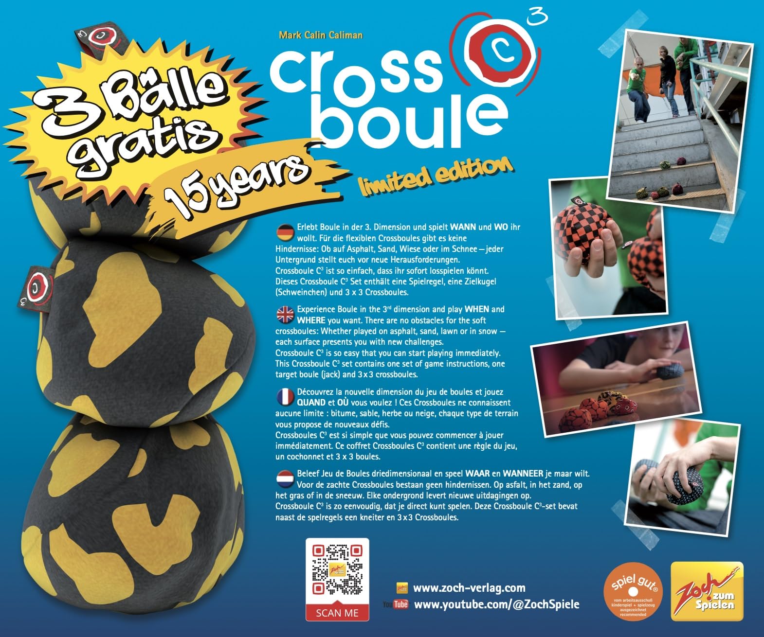 Zoch Crossboule c³ Limited Edition 15 Jahre - 3 Bälle zusätzlich, Boule Spiel in 3D, Set für 3 Spieler, Flexible Stoffbälle, Indoor Outdoor Spiel ab 6 Jahren