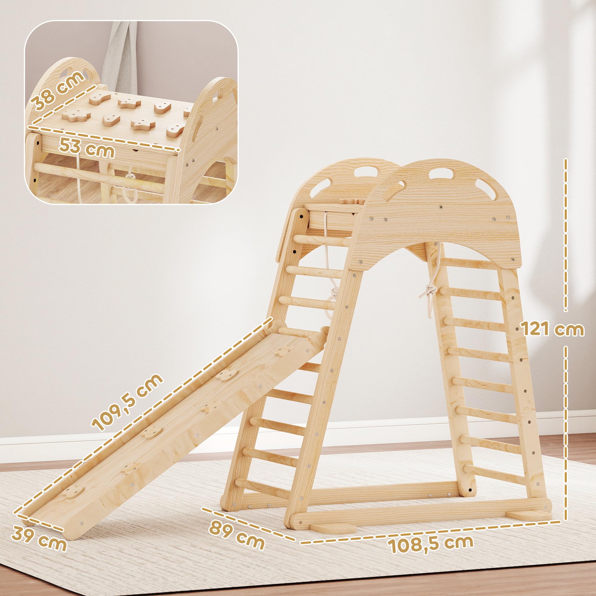 AIYAPLAY 6 en 1 Triángulo de Escalada Montessori, Estructura de Escalada de Madera con Plataforma, Anillos y Tobogán, para Deslizarse o Escalar, para Niños de 18-48 Meses, Interiores, Natural