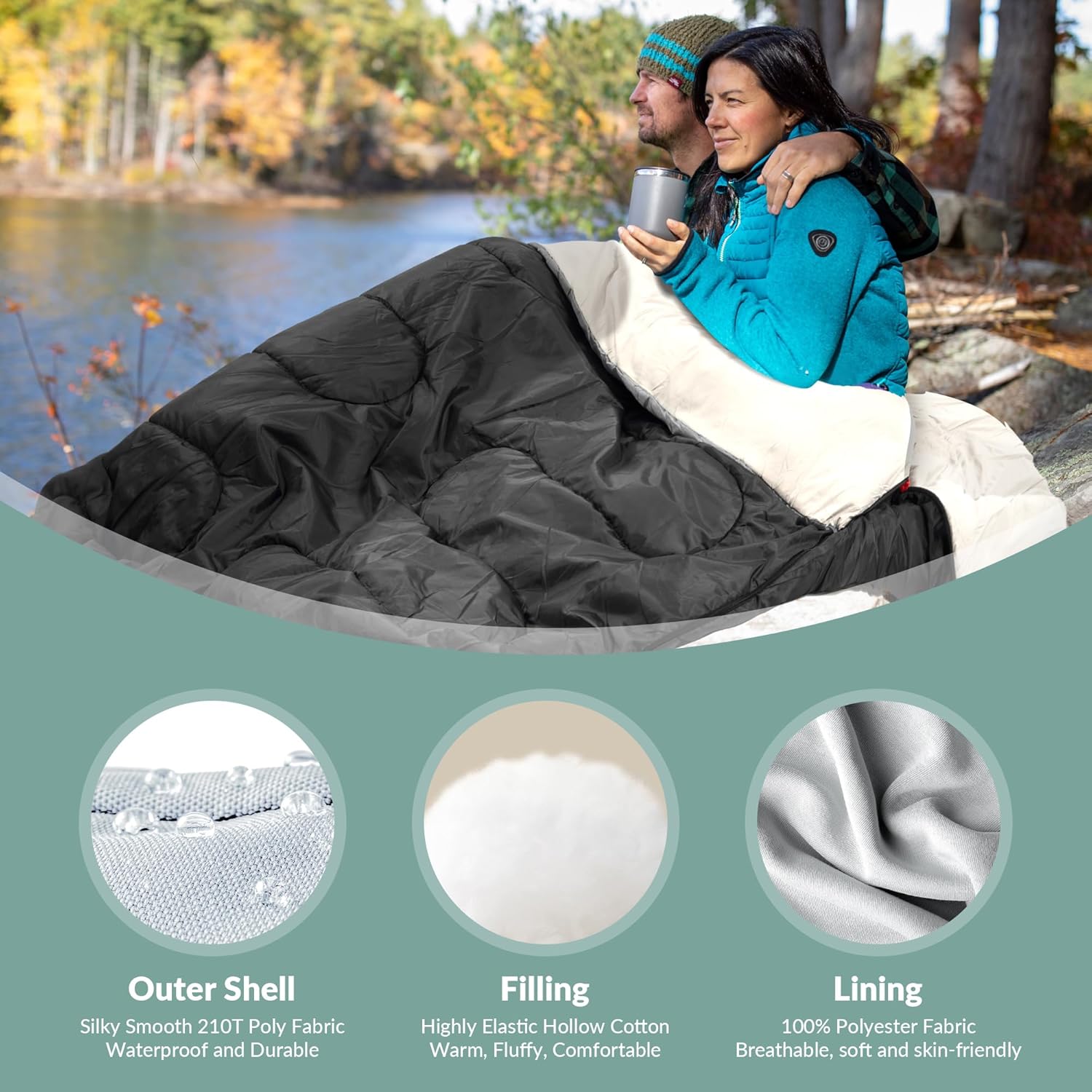 Elevon Double Sleeping Bag 2 Pillows for Adults, Queen Size XL Sleeping Bag Waterproof, Compact with Compression Sack, 2 Person Sleeping Bags Cold Warm Weather- 3 Seasons, Backpacking, Hiking, Travel