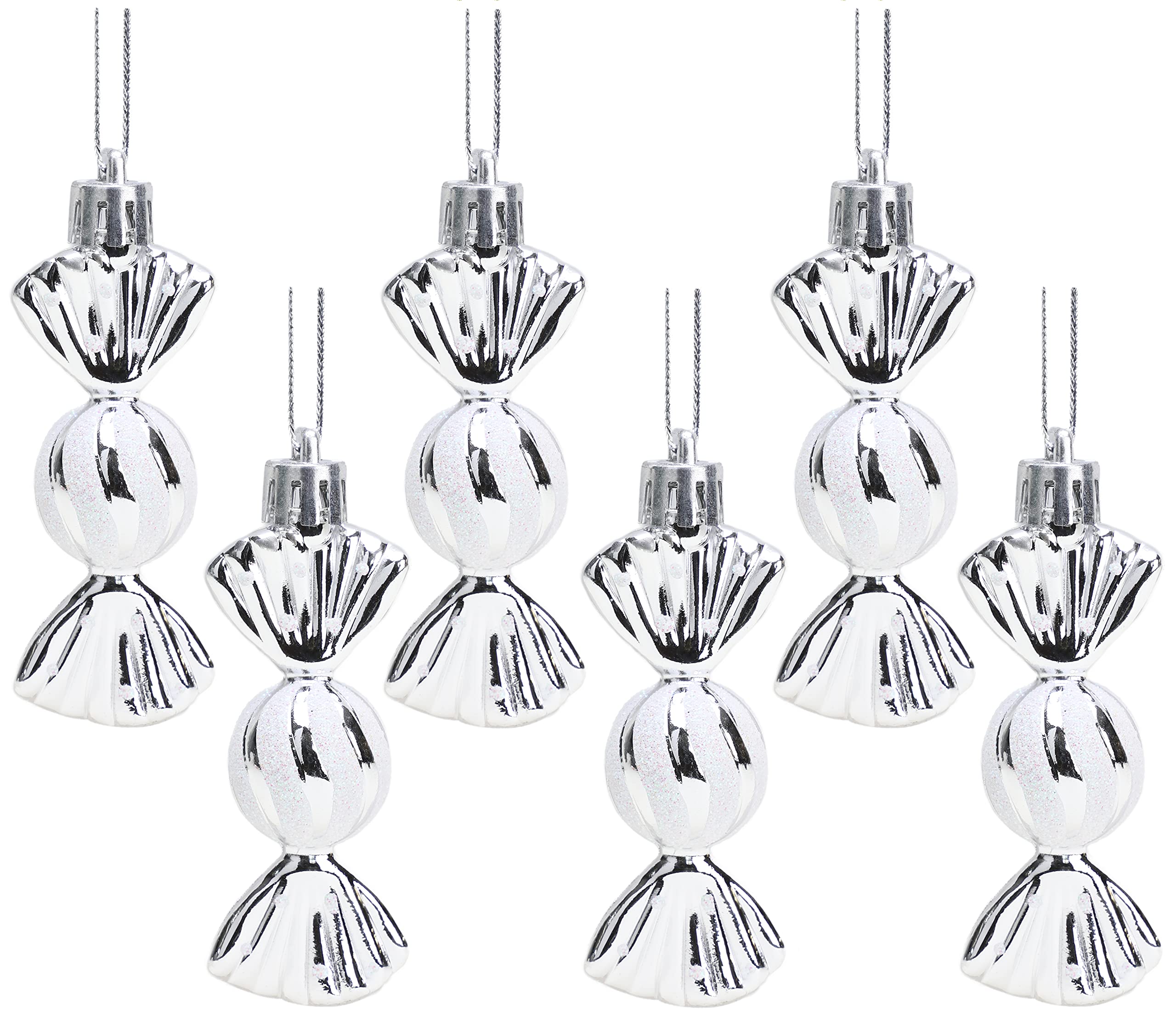 Christmas Concepts Silver Christmas Concepts® Pack Of 6-80Mm (3.2") Mini Sweet Shaped Baubles – Shiny & Glitter Decorated – Christmas Tree Decorations (Silver)