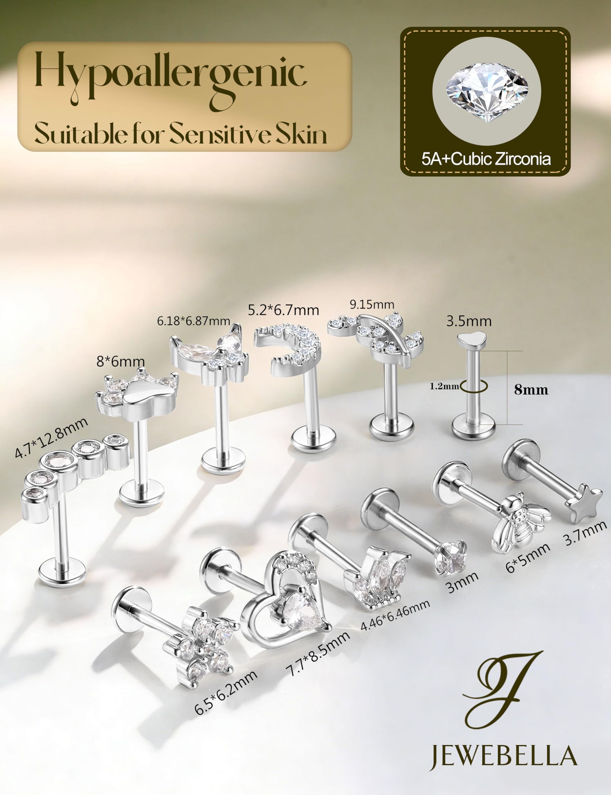 JewBella 12 Pezzi 16G Cartilagine Helix Orecchini per Donna Uomo Acciaio Chirurgico Filettato Internamente CZ Luna Cuore Stella Foglia Labret Monroe Naso Stud Piercing Conch Trago Helix Argento/Oro