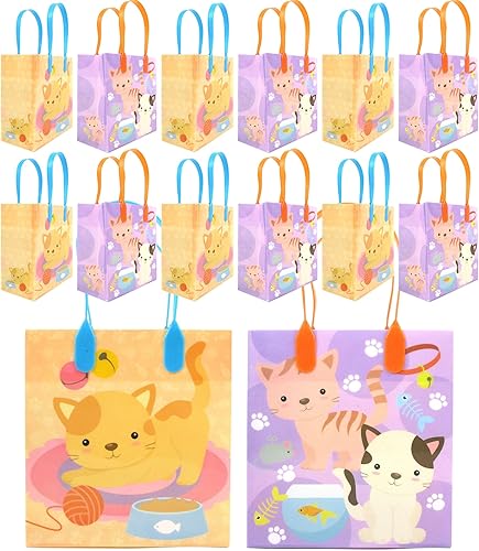 TINYMILLS Bolsas de regalo de fiesta de gatos y gatitos, bolsas de golosinas con asas para gatos y gatitos, para fiesta de cumpleaños temática de