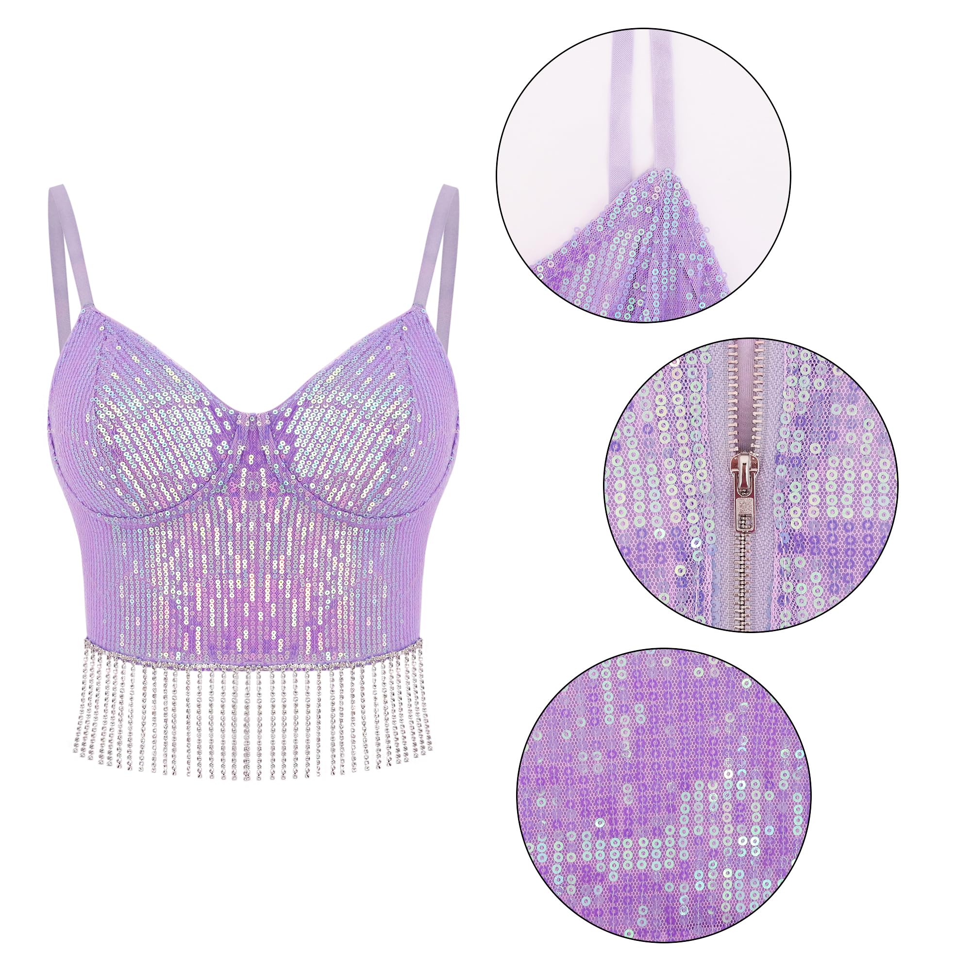 Segreto Camiseta de tirantes para mujer, con lentejuelas, sin mangas, tirantes finos, sexy, para festivales, fiestas, clubes