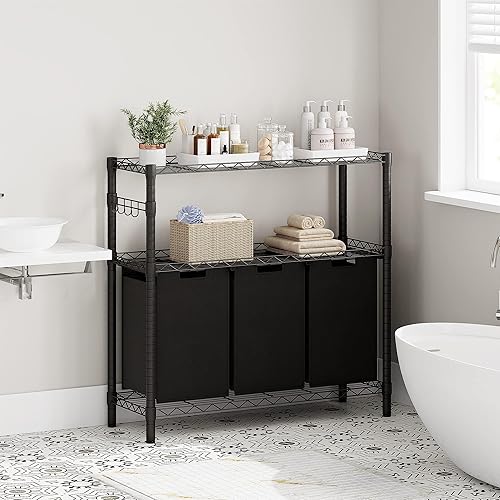 Miniatura 8 de IDEALHOUSE Clasificador de 3 cestas de lavandería 2024  Cesta plegable con 3 bolsas de lavandería de 45 L y estante de almacenamiento ajustable de 3