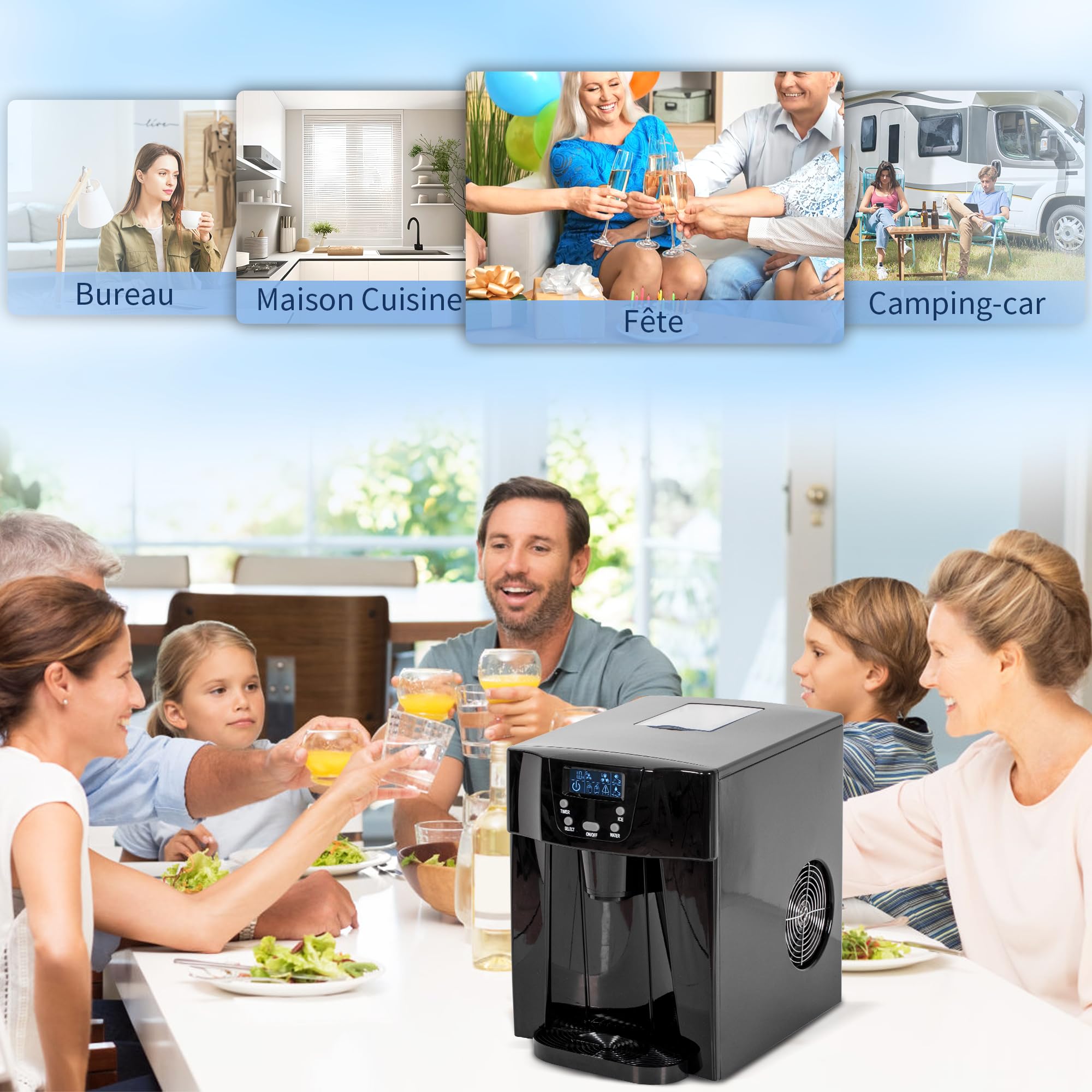HOMCOM Machine à Glaçons avec Distributeur d'Eau, 12kg en 24h, 9 Glaçons en 6-10 Minutes, Ice Maker Portable, Taille de Glaçon Réglable, Minuterie, Réservoir d'Eau 3L, pour Maison, Cuisine, Bar, Noir