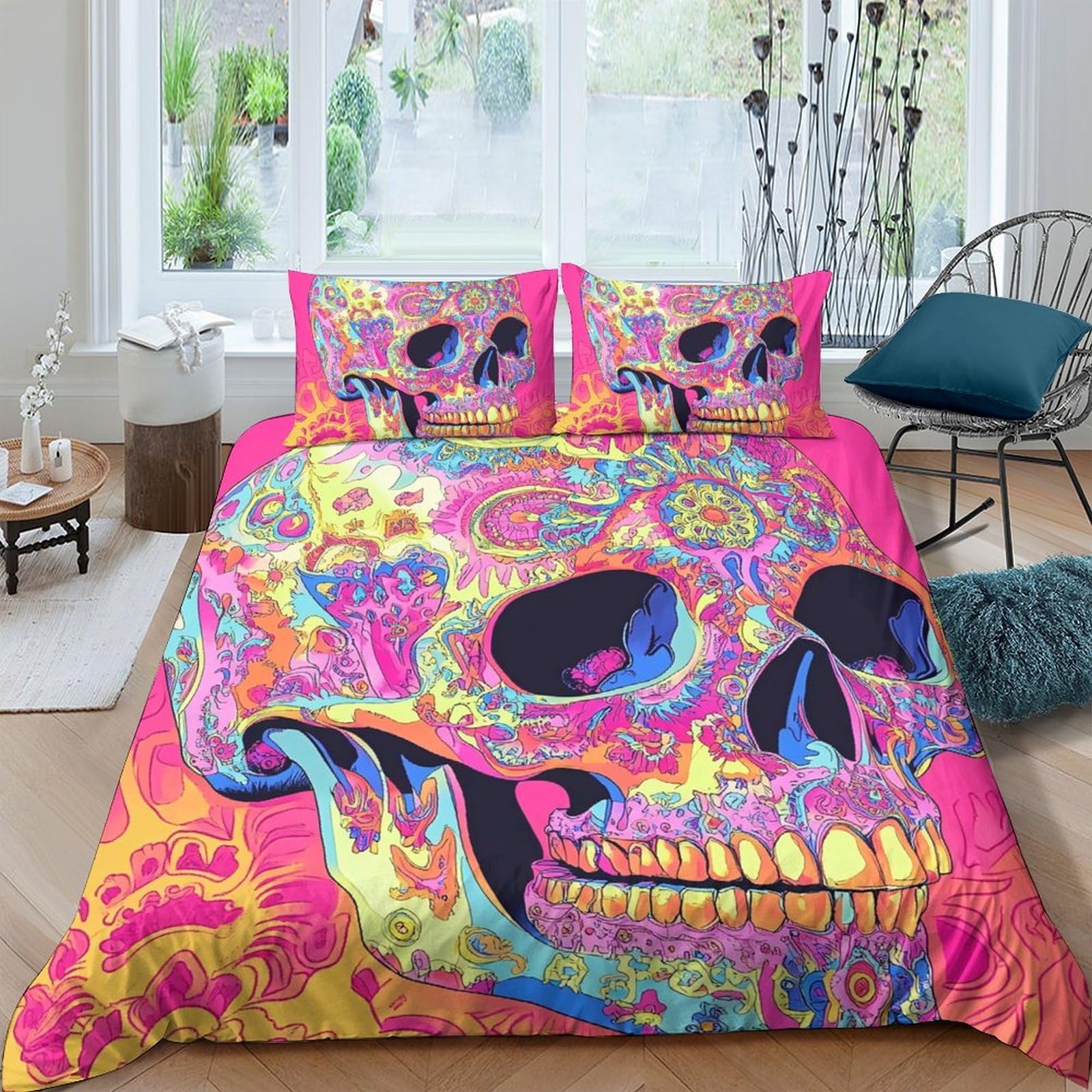 Ctjqhvkz Style-9 3D Printed Neon Skull Fitted Sheet Microfiber Soft Vibrant Psychedelic Bed Cover For Bedroom Dorm Mattress Protection Decor Single（135X200cm）