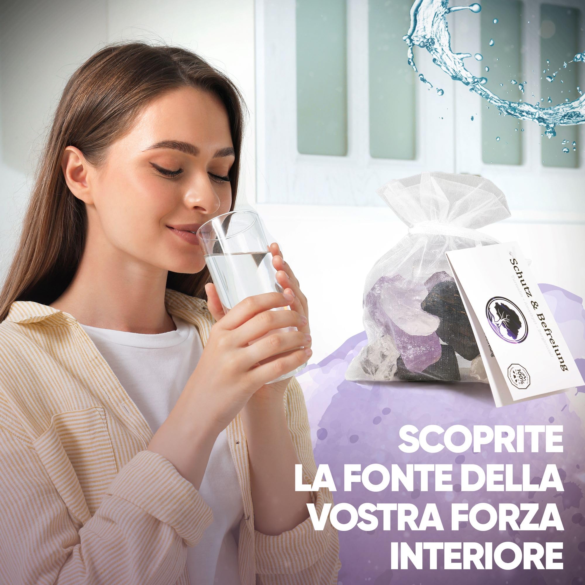 Miscela di pietre d'acqua Protezione e Liberazione | Set di pietre curative di qualità superiore, realizzato con gemme autentiche: Cristallo di rocca, Tormalina, Ametista