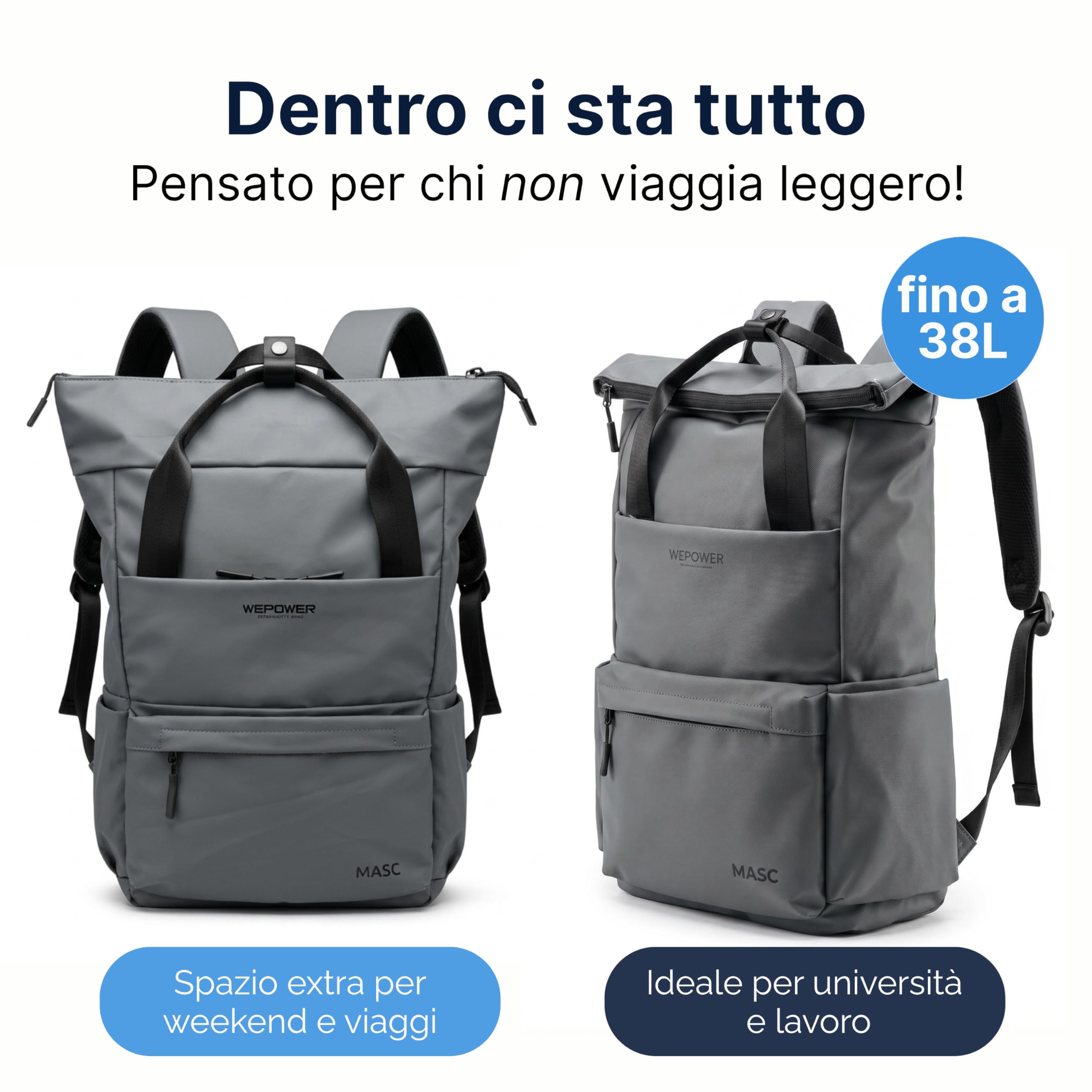 MASC Zaino Rolltop per PC, Zaino Professionale Elegante Multitasche, Ergonomico e Impermeabile ideale per l’Ufficio