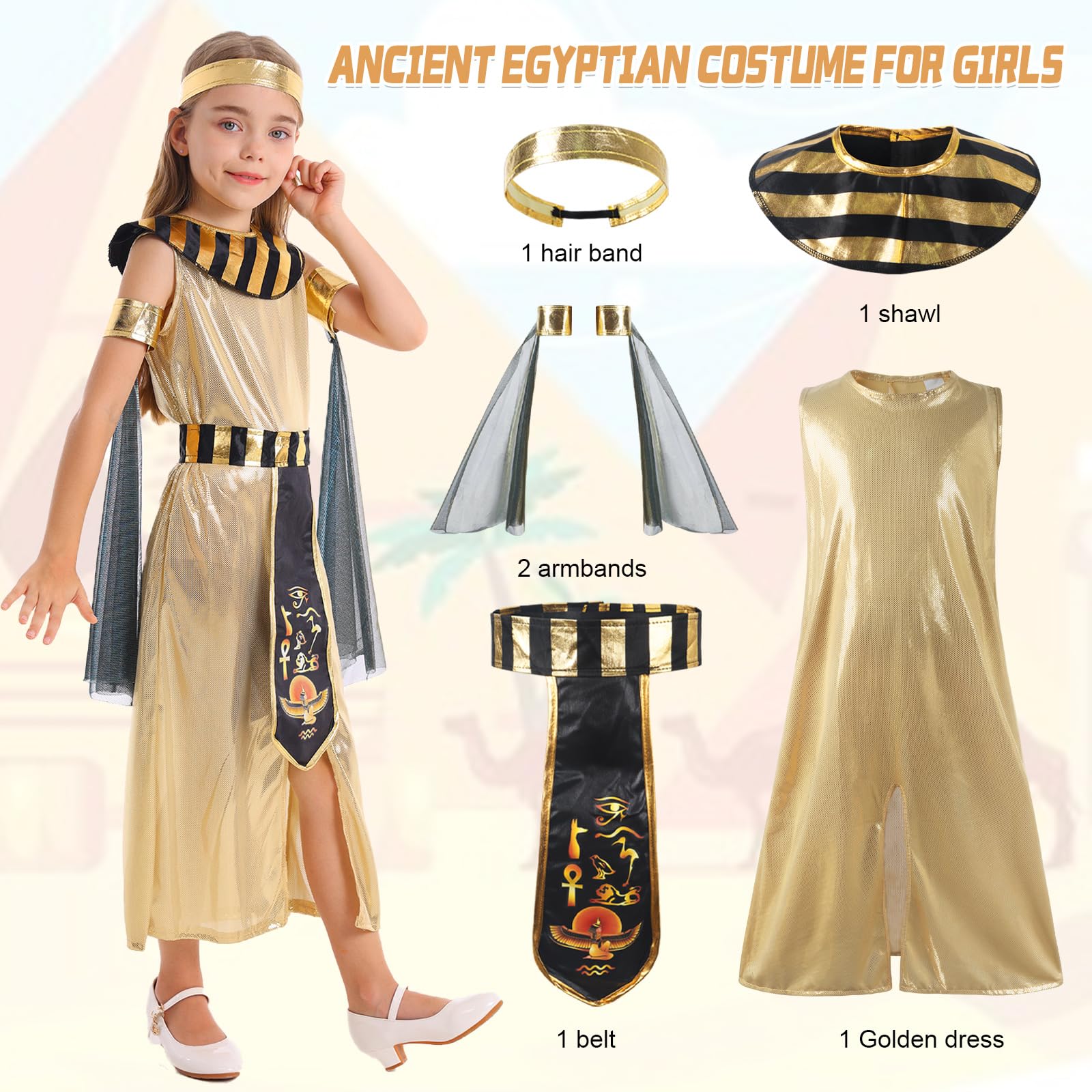 KumSoomliy Girls Queen Costume Ancient Egyptian Costumes for Kids Girls Fancy Dress for Halloween Age 8-9Y - Image 2