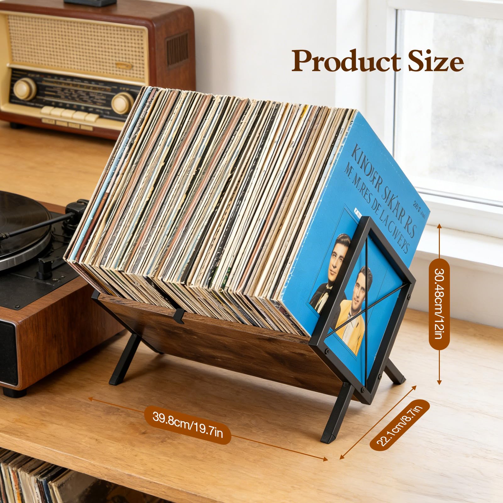 Scaffale in vinile per 80 LPs, combinazione in legno e metallo con divisorio regolabile, portariviste e organizer per CD, album, libri, per soggiorno, ufficio