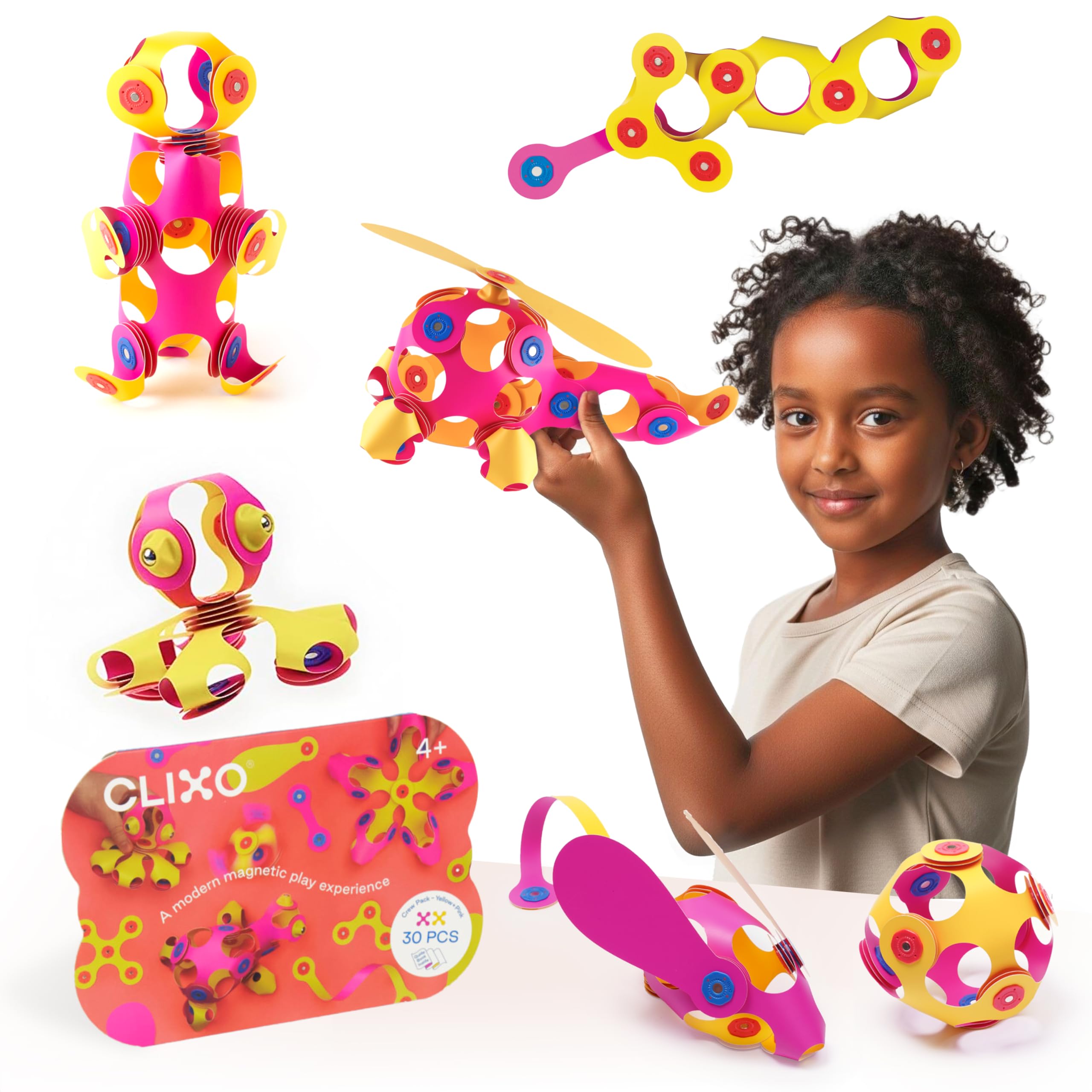 Clixo Crew 30 Piece Pack - The Flexible, Durable, Imagination-Boosting Magnetic Building Toy - Modern, Modular Designs for Hours of STEM Play. A Multi-Sensory Magnet Toy Experience Anywhere! Ages 4-99