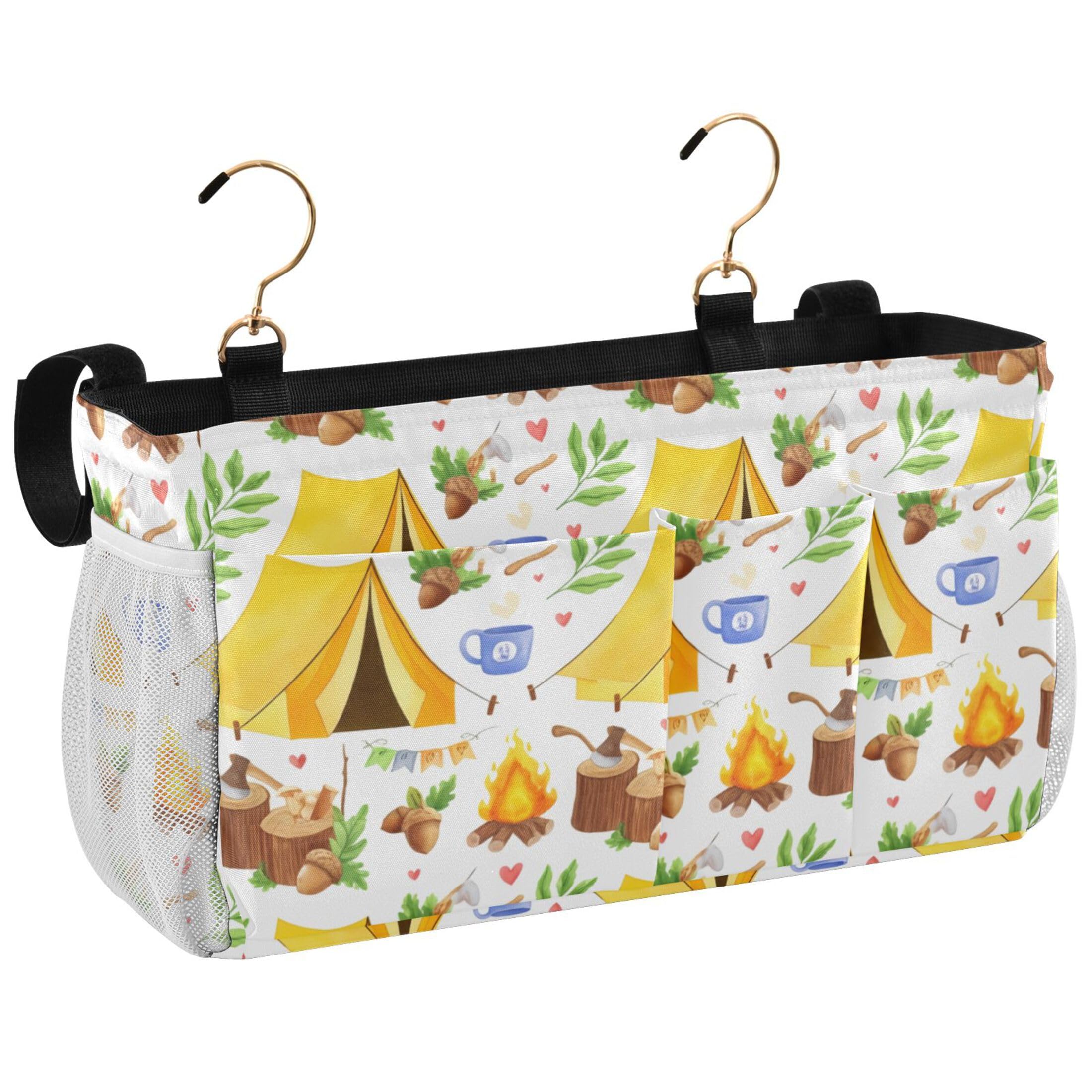 Burbuja Camping Yellow Tents Bedside Caddy Hanging Storage Organizer with 2 Straps and Hooks for Home College Dorm Bunk Bed Hospital Bed Crib