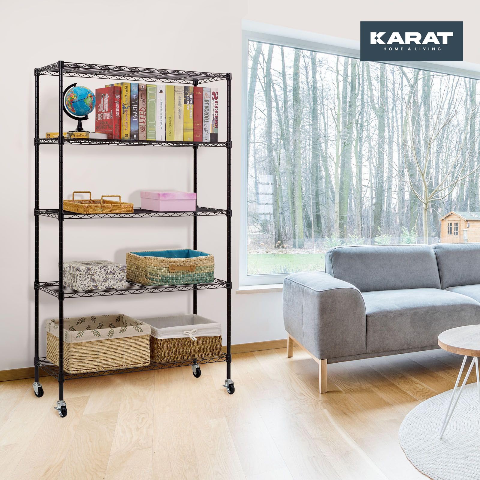 KARAT Estantería con Ruedas de Metal con 5 Estantes y Freno de Estacionamiento - para Cocina, Baño, Sótano, Trastero - Capacidad 120 kg - Color Negro - 89 x 34 x