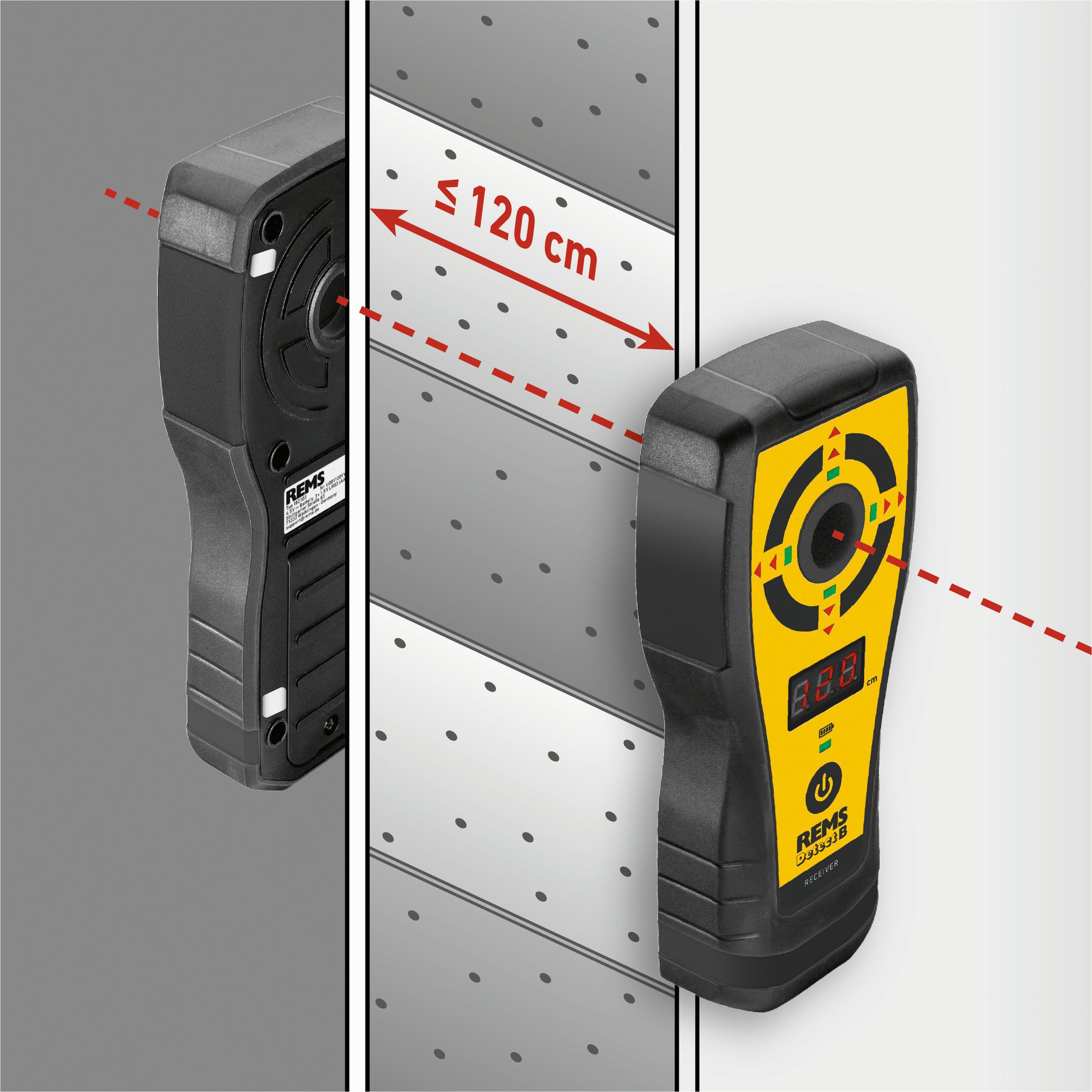 REMS Detect B 182100 R5 - Set (dispositivo di localizzazione del punto centrale, navigazione acustica e ottica, tecnologia LED, punta di allineamento e posizionamento, in valigetta stabile)
