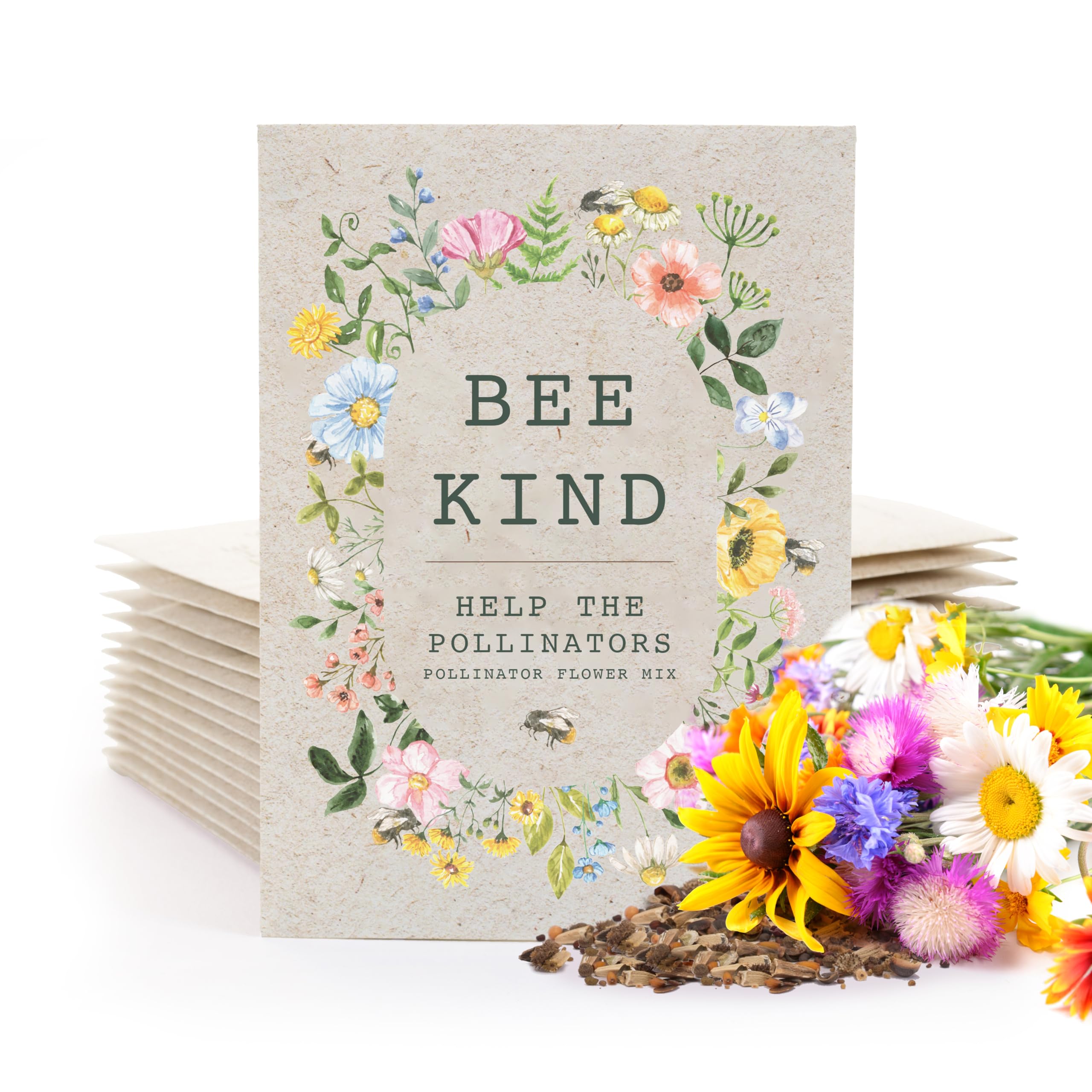 Bentley Seed Co. | Bee Kind Pollinator Flowers | Beautiful Bee Art Kraft Look Seed Packets | Environmental Favors Cards for Guests | Wildflower Mix