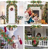 Vista 6 de Guirnalda de Navidad con luces, guirnalda de 30 luces LED de 9 pies, funciona con pilas, decorada con piñas, bayas, pino nevado artificial