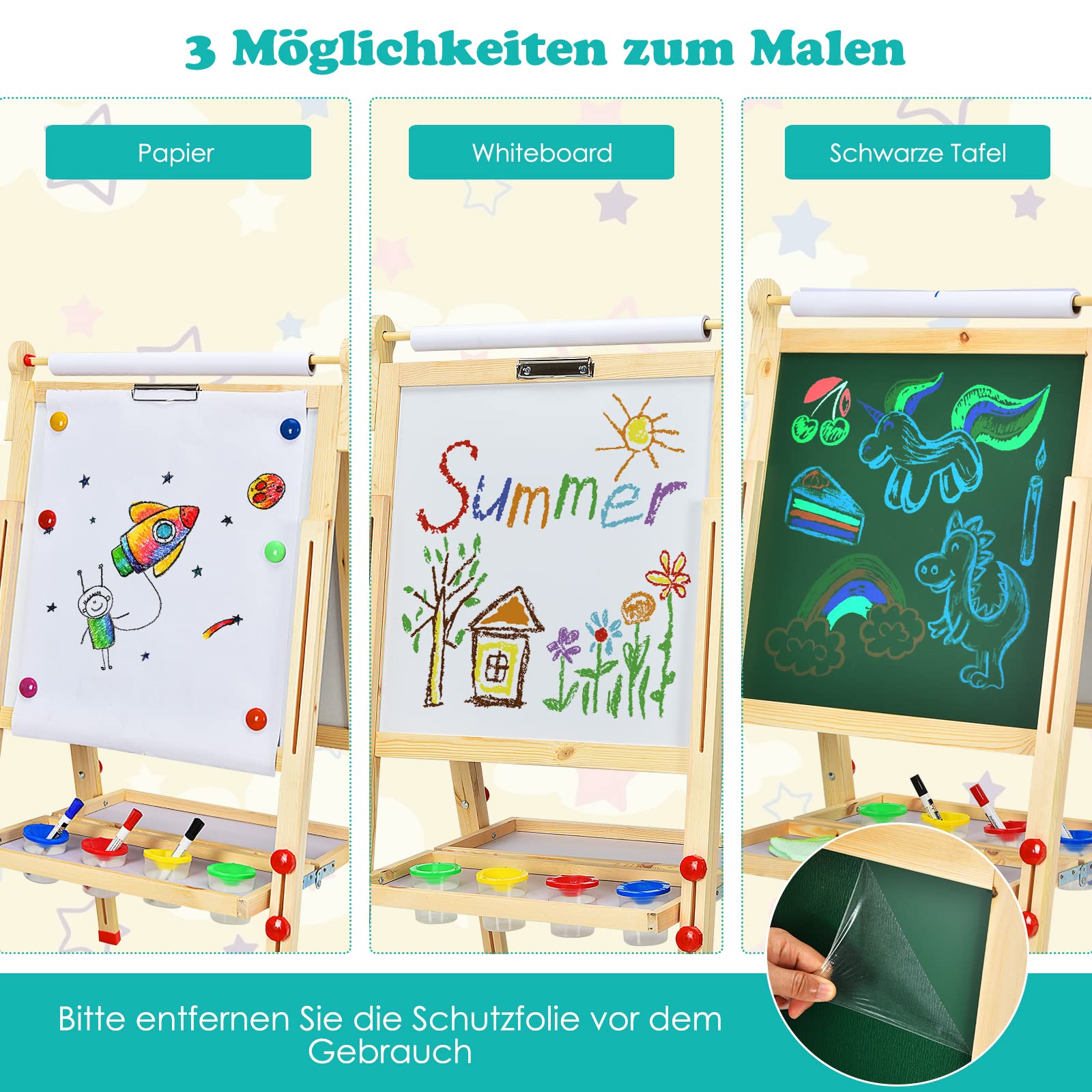 DREAMADE 3 in 1 doppelseitige Kinder Staffelei aus Holz, höhenverstellbare Kinderstaffelei Kindertafel mit Papierrolle Whiteboard und Kreidetafel, inkl. Alphabet Marker Kreide Radiergummi