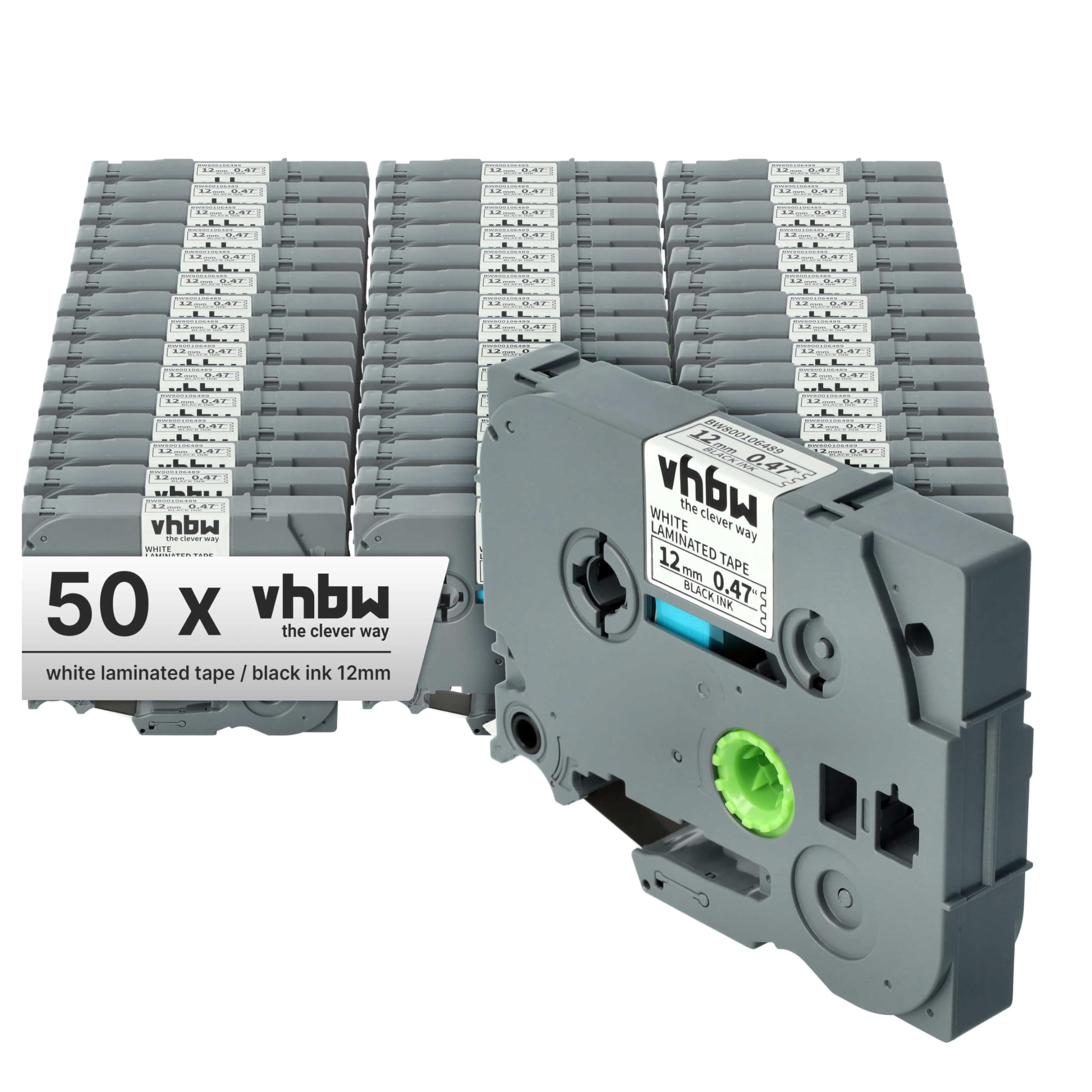 vhbw 50 x taśma do etykiet, kompatybilna z drukarką etykiet Brother PT D200MA, D200SA, D200SN, D201, D201CS, D202, D200VP 12 mm, czarno-biała