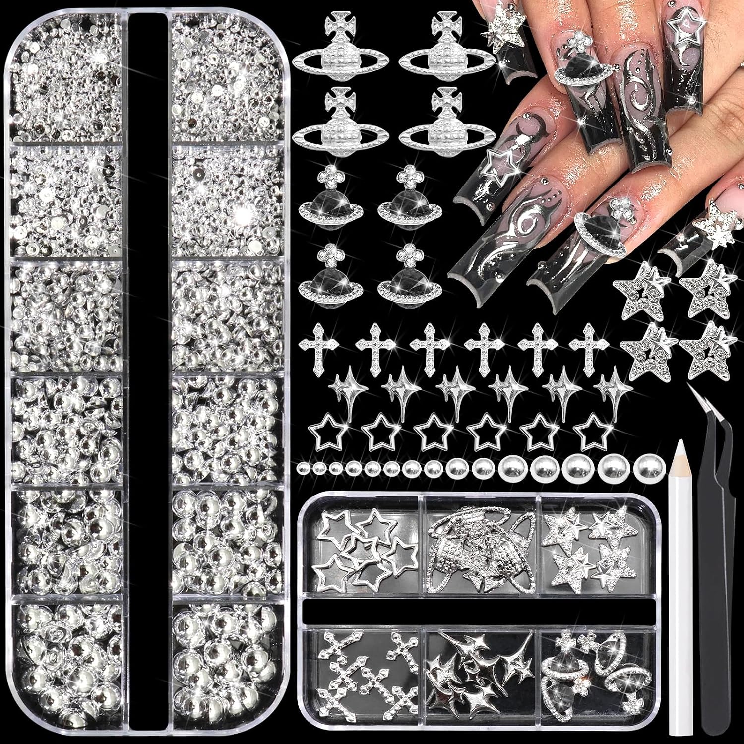 BELICEY 2 Boxes 3D Nail Charms Mix Silver Star Cross Planet Saturn Charms for Nails Silver Flatback Nail Pearls Nail Decoration Gems Pearls for Nails Jewelry for DIY Nail Art Supply Accessories Crafts